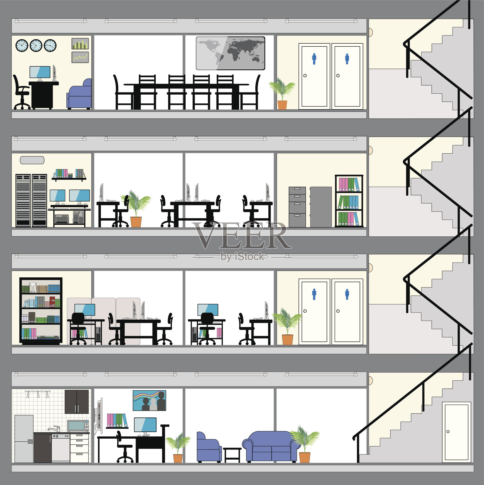 剖面图办公大楼与室内设计方案插画图片素材