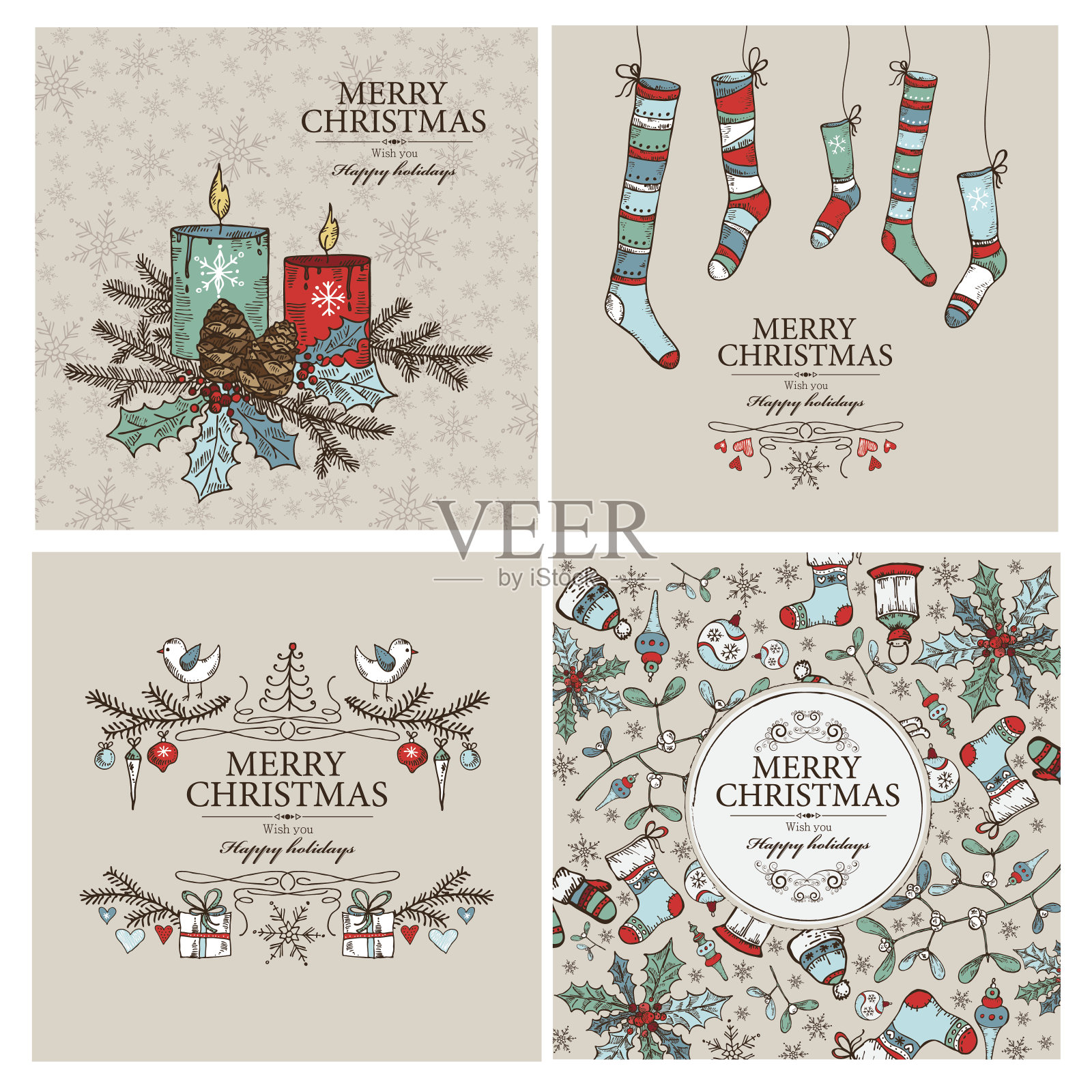 矢量集:圣诞贺卡与圣诞装饰。手绘设计模板素材
