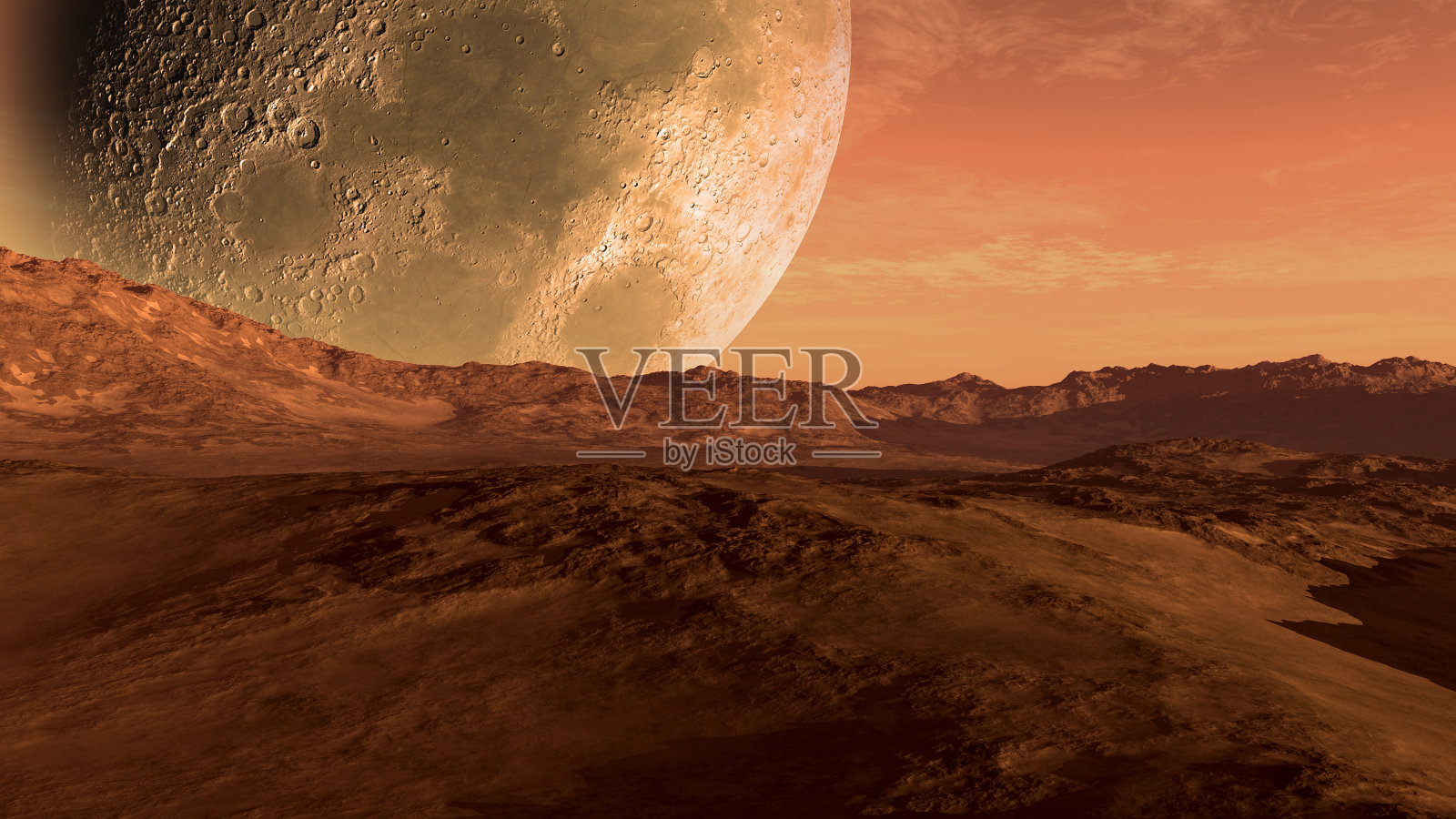 类似火星的红色星球和月球照片摄影图片