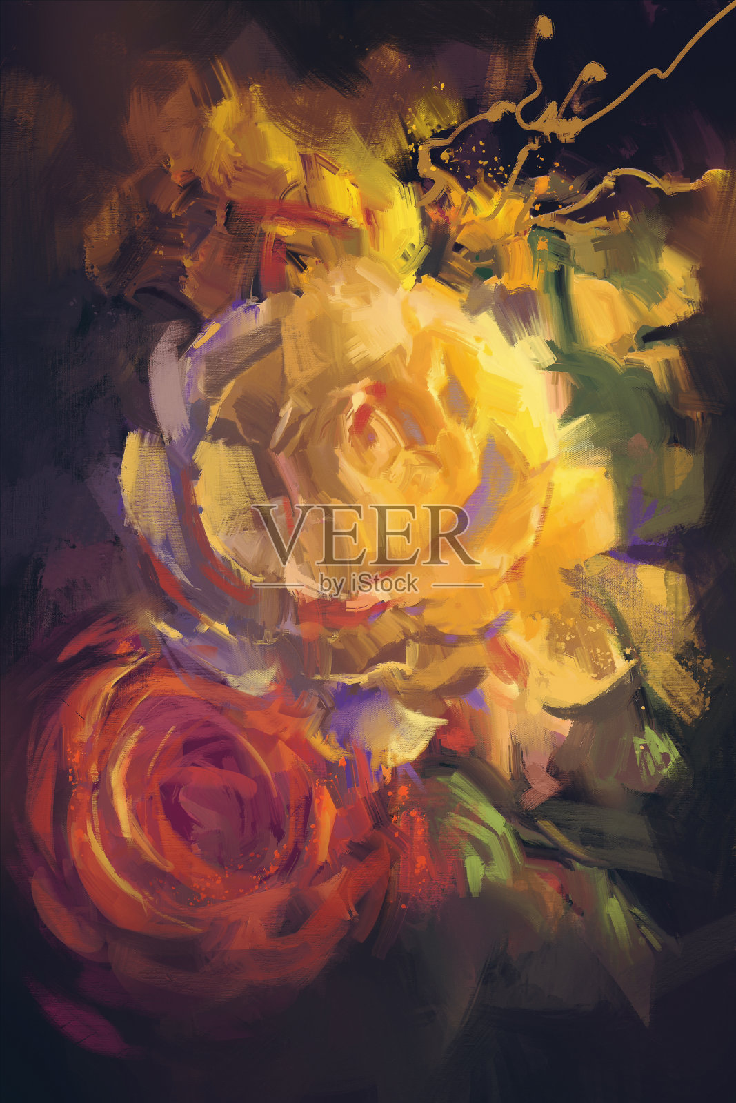 彩色玫瑰花束，油画风格插画图片素材