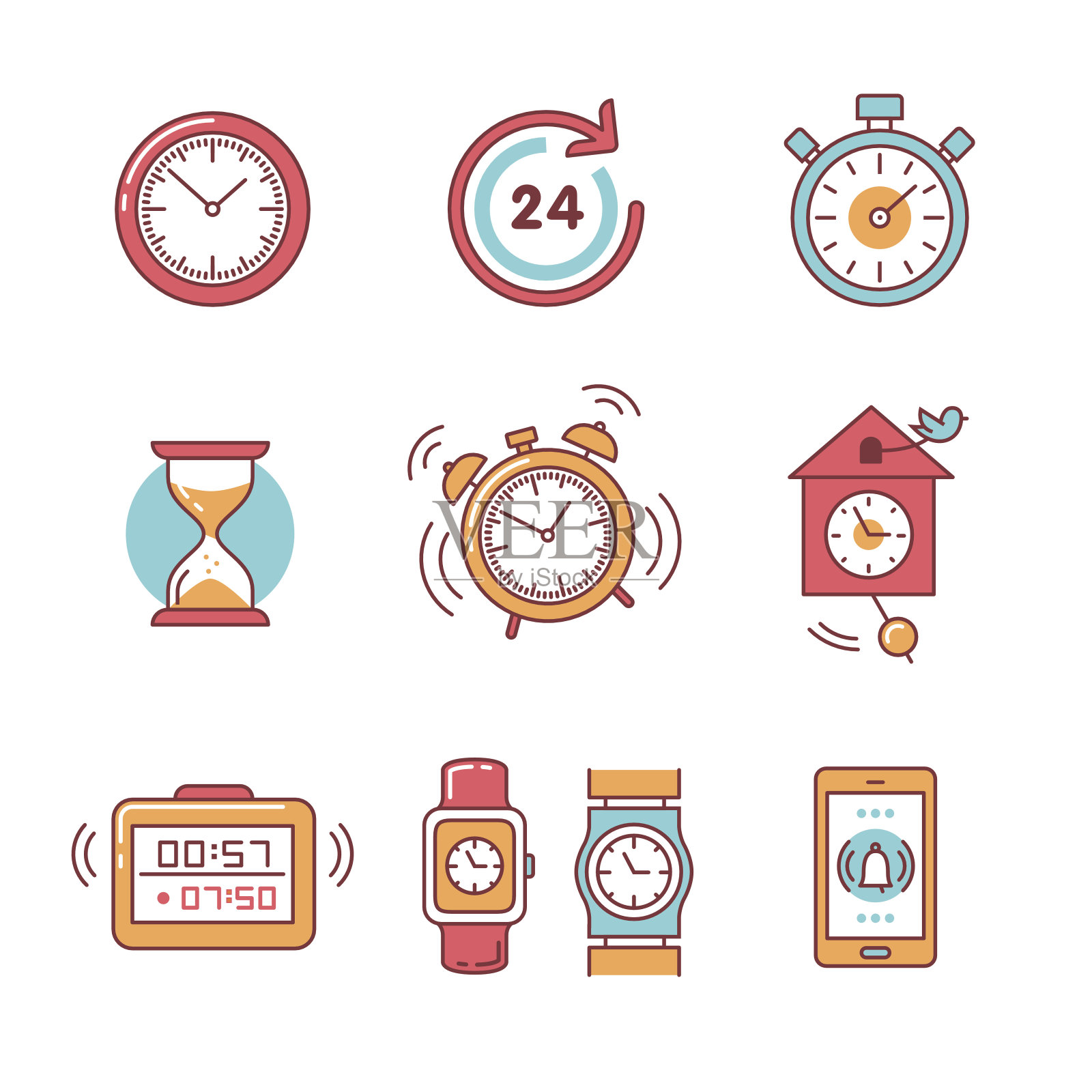 闹钟的类型，钟表，定时器和手表设置图标素材