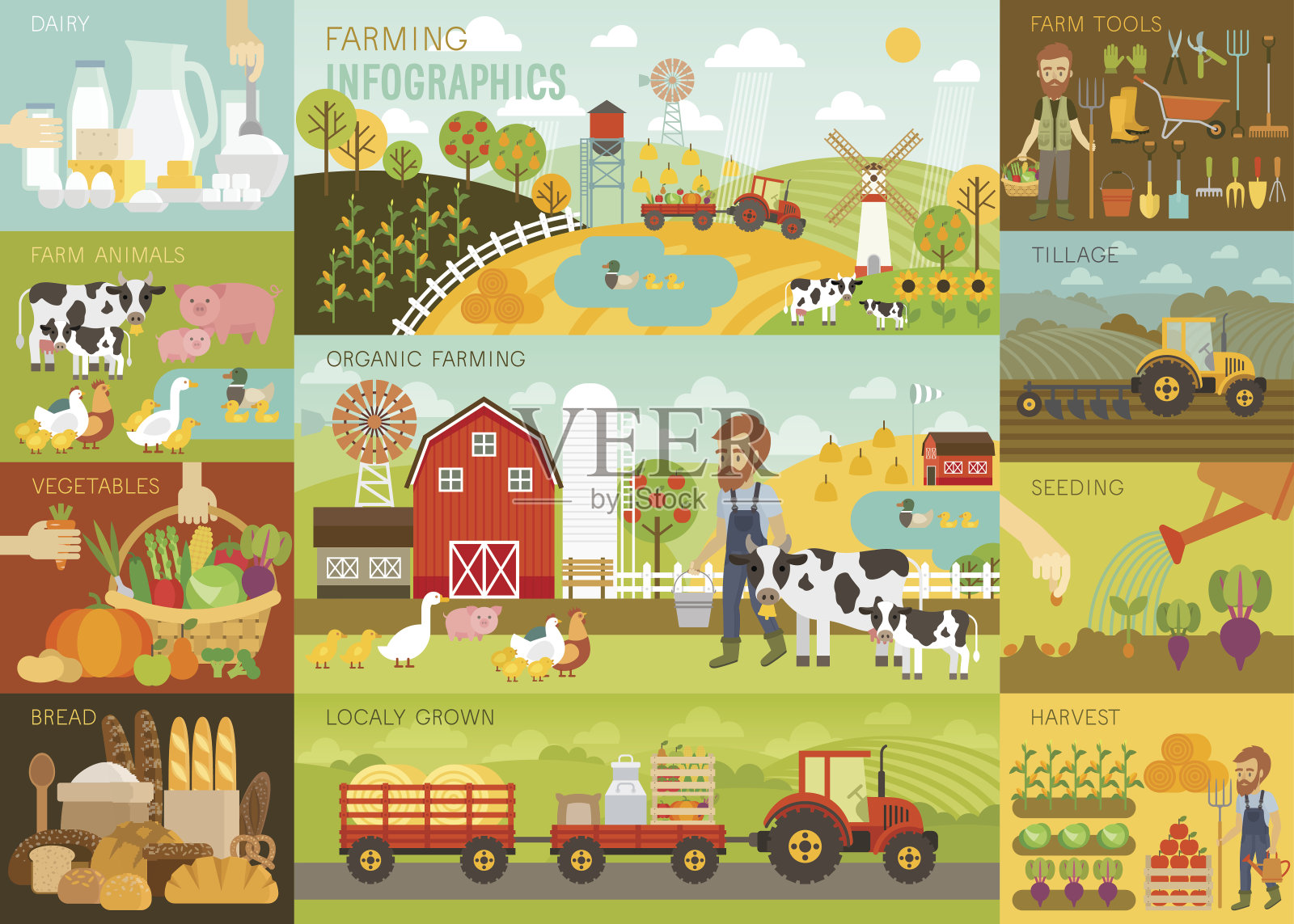 农业信息图表集动物，设备和其他对象。插画图片素材