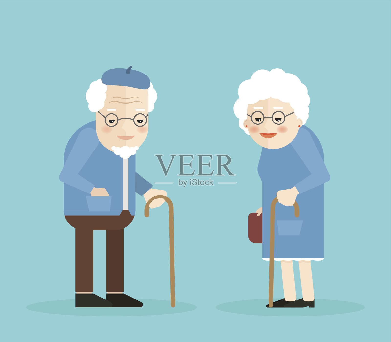 快乐的老人和女人戴眼镜，走路手杖。插画图片素材