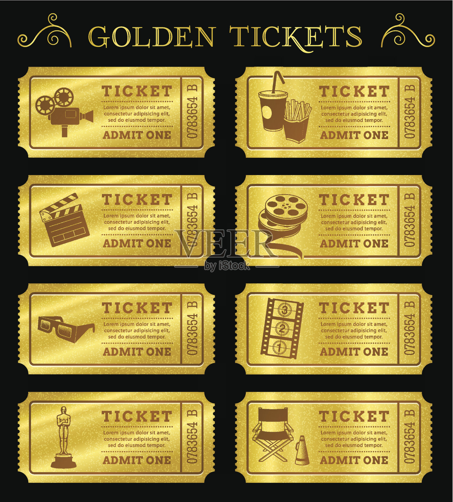 黄金矢量电影票设计模板素材