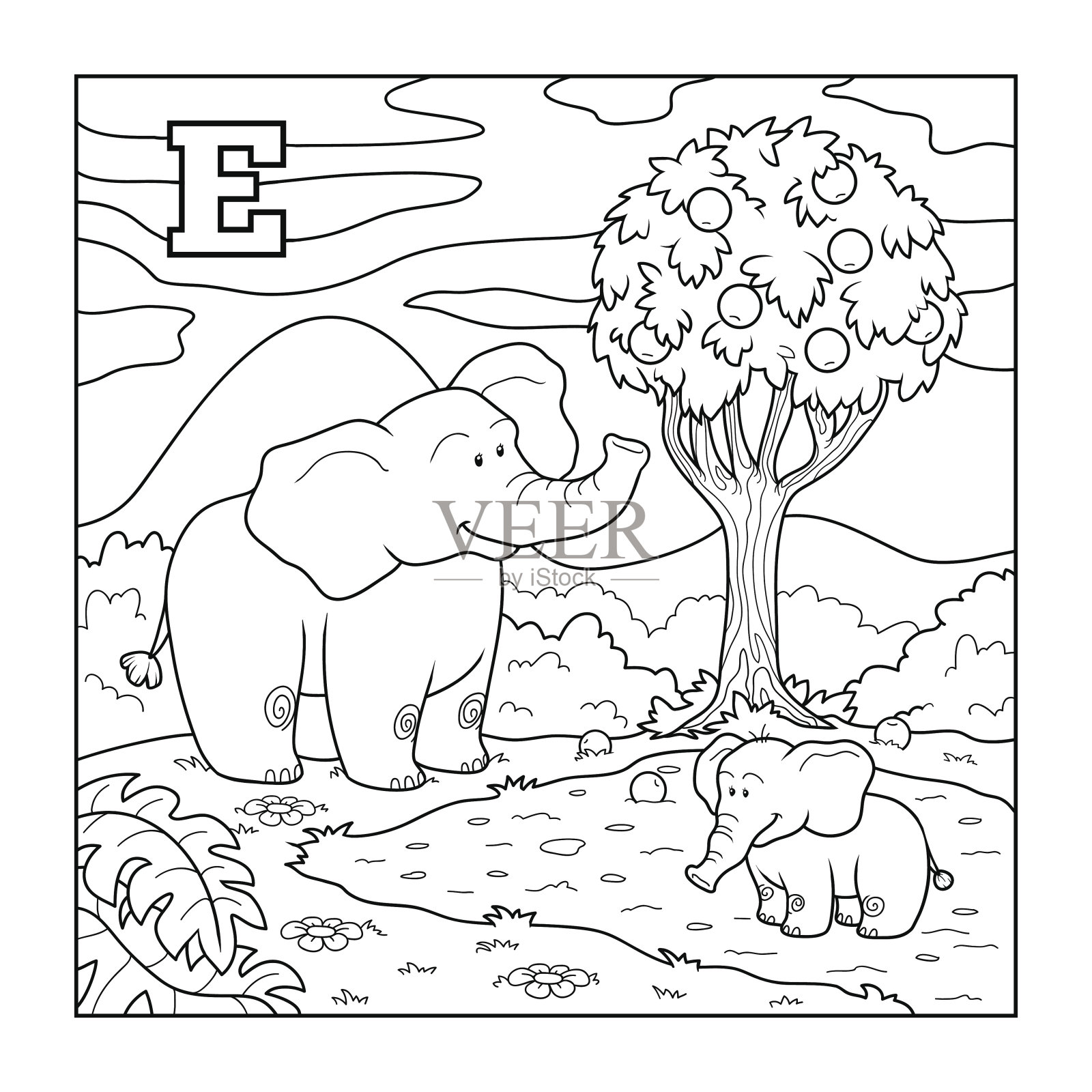 彩色书(大象)，无色字母儿童:lette插画图片素材
