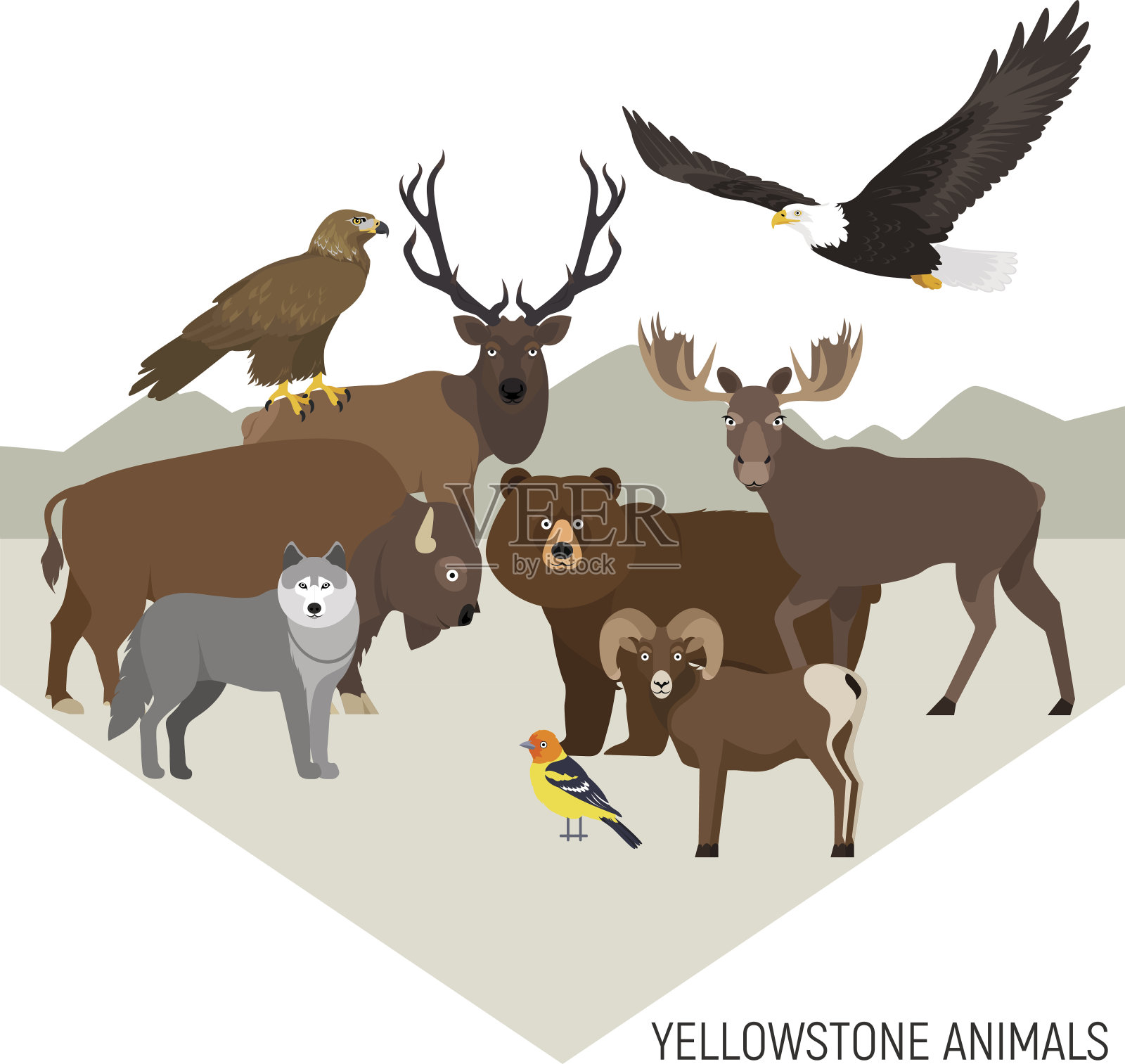 黄石国家公园里有灰熊、麋鹿、狼、鹰、大角羊设计元素图片