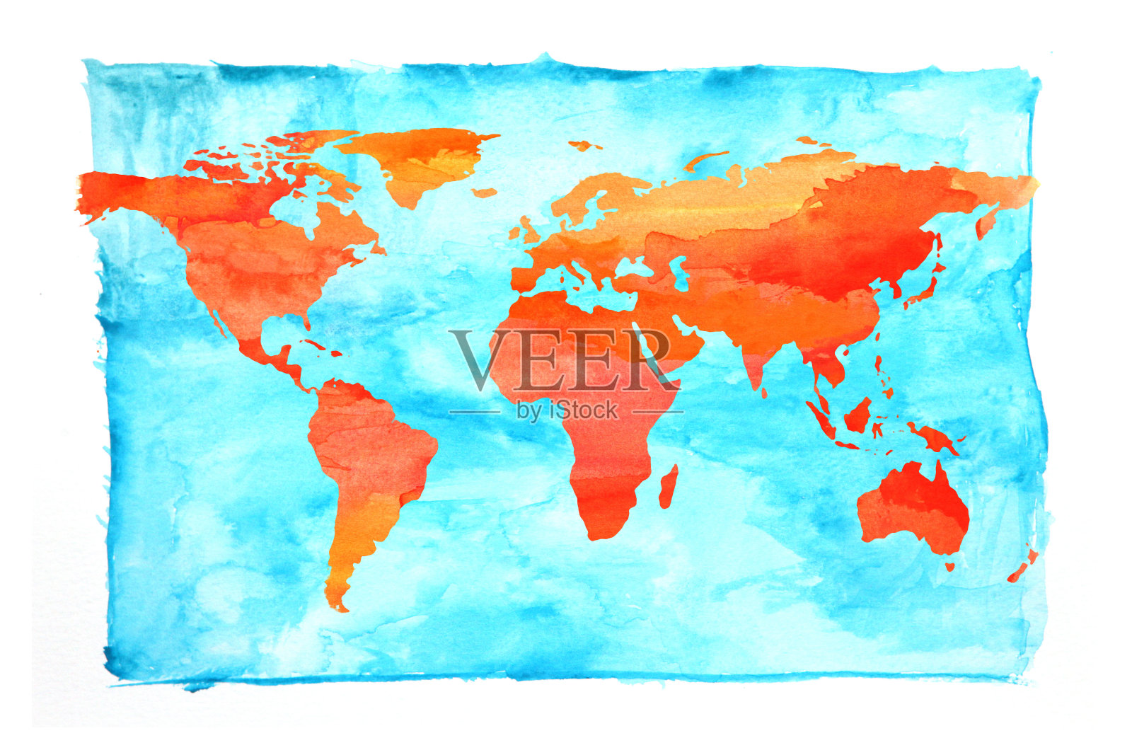 世界地图用水彩画，蓝色和橙色插画图片素材