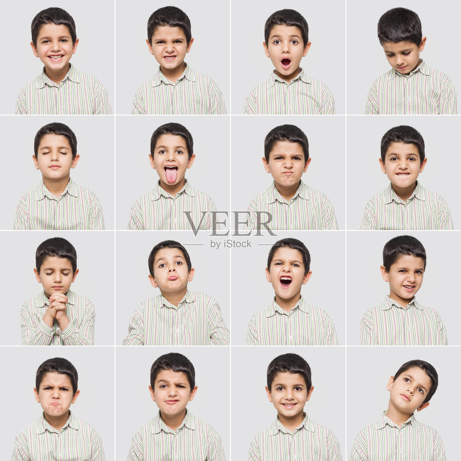 可爱的小男孩做各种各样的面部表情照片摄影图片