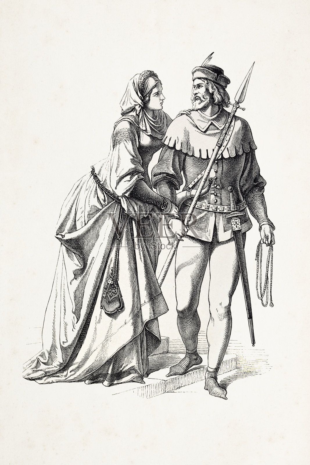 身着14世纪传统服饰的德国夫妇插画图片素材