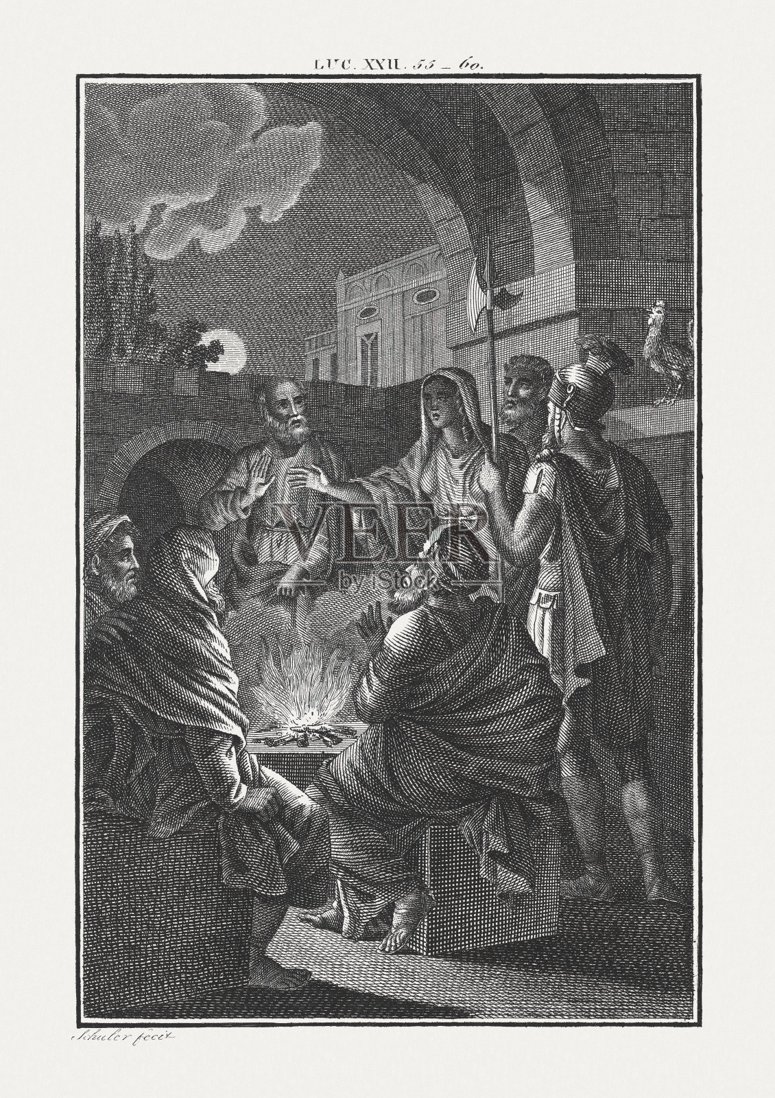 《彼得的否认》(路加福音22章)，铜版，大约1850年出版插画图片素材