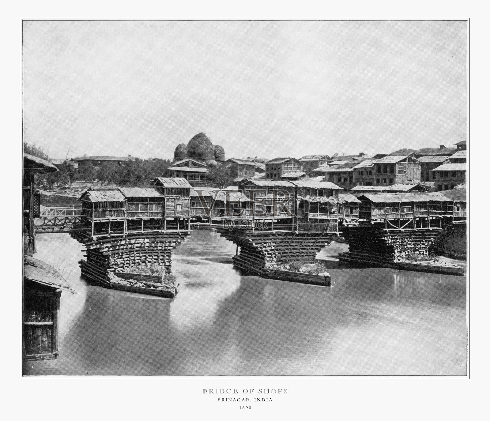 商店之桥，斯利那加，印度，古印度照片，1893照片摄影图片