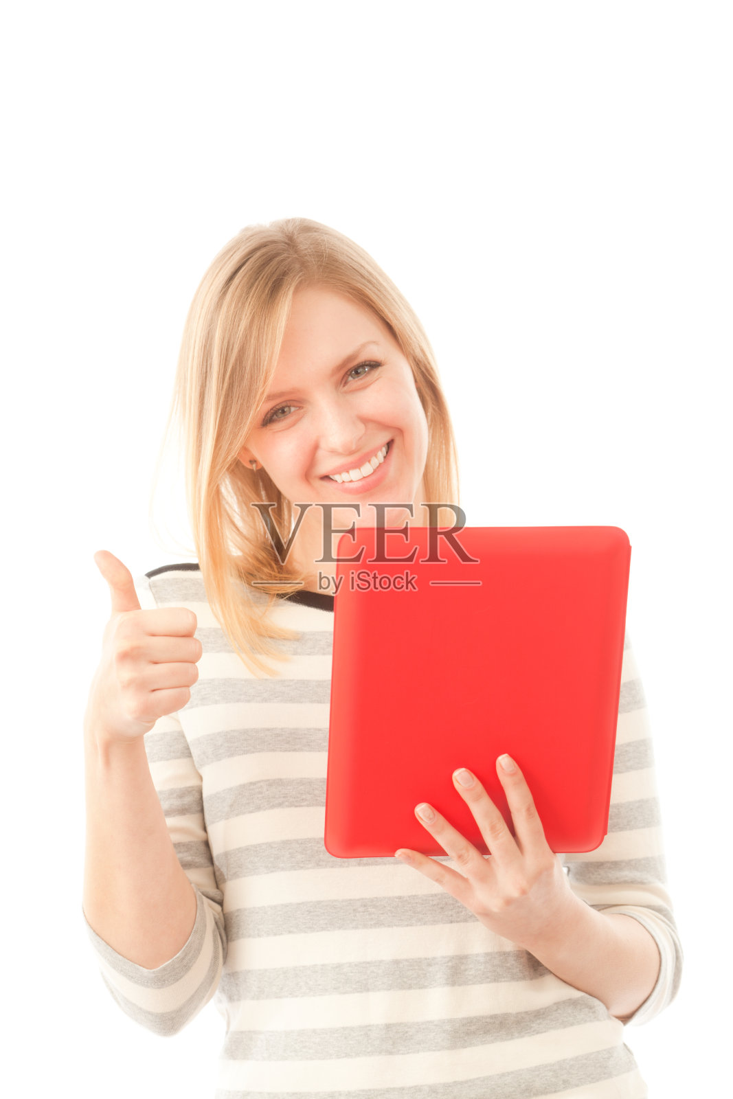拇指向上的快乐女人和数字平板电脑照片摄影图片
