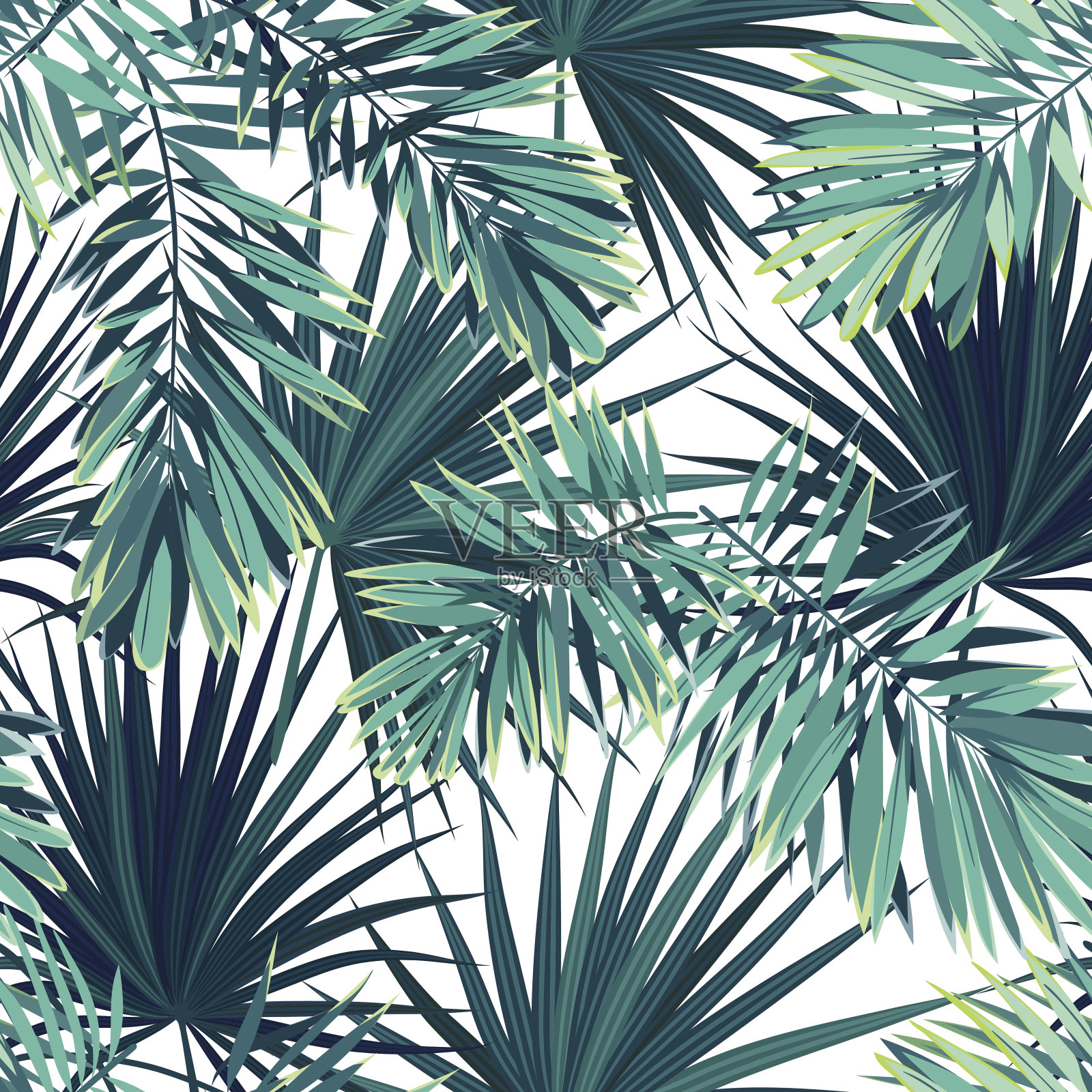 热带丛林植物背景。无缝矢量热带模式与绿色凤凰棕榈叶插画图片素材