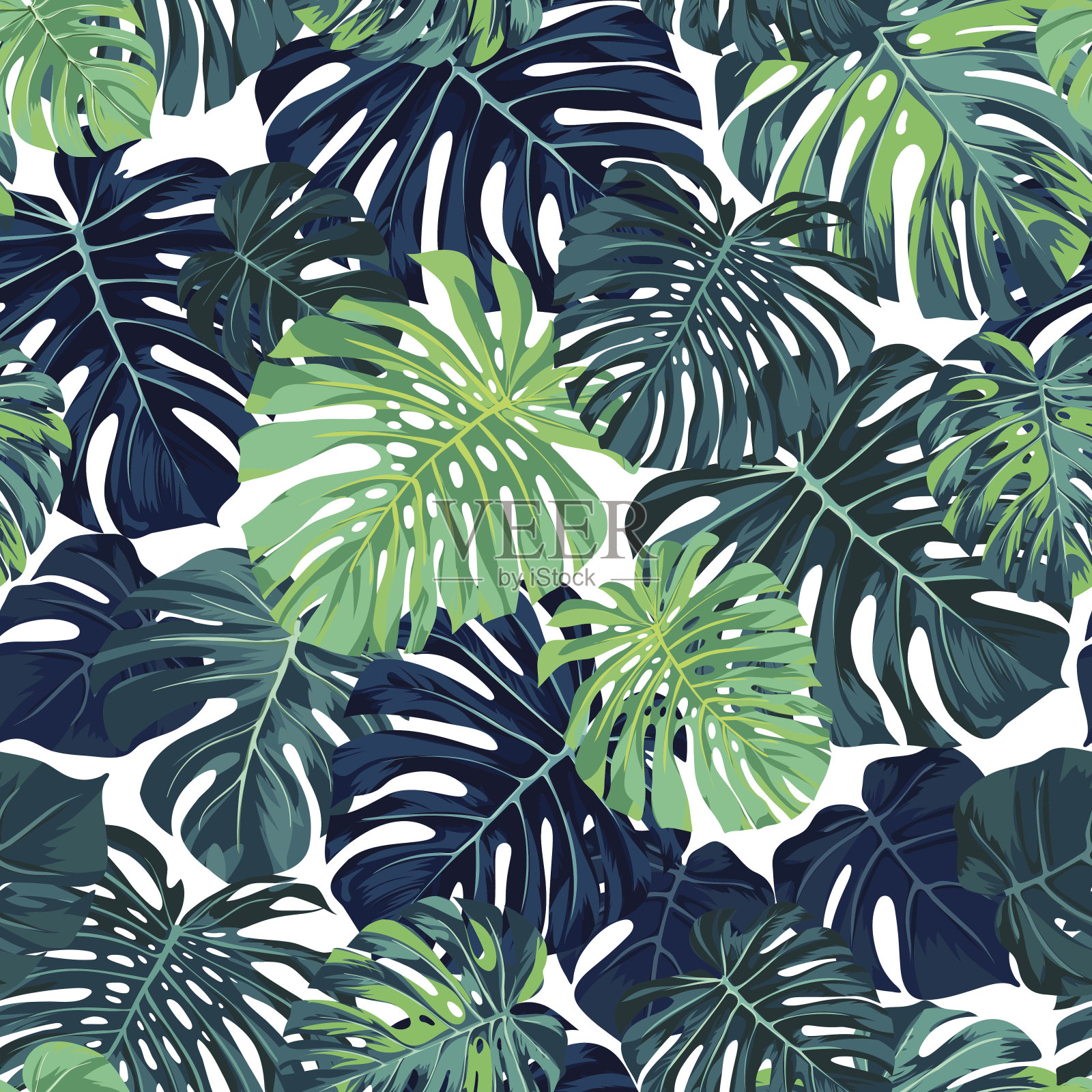 绿色矢量图案与怪物棕榈叶在黑暗的背景。无缝夏日热带面料设计插画图片素材