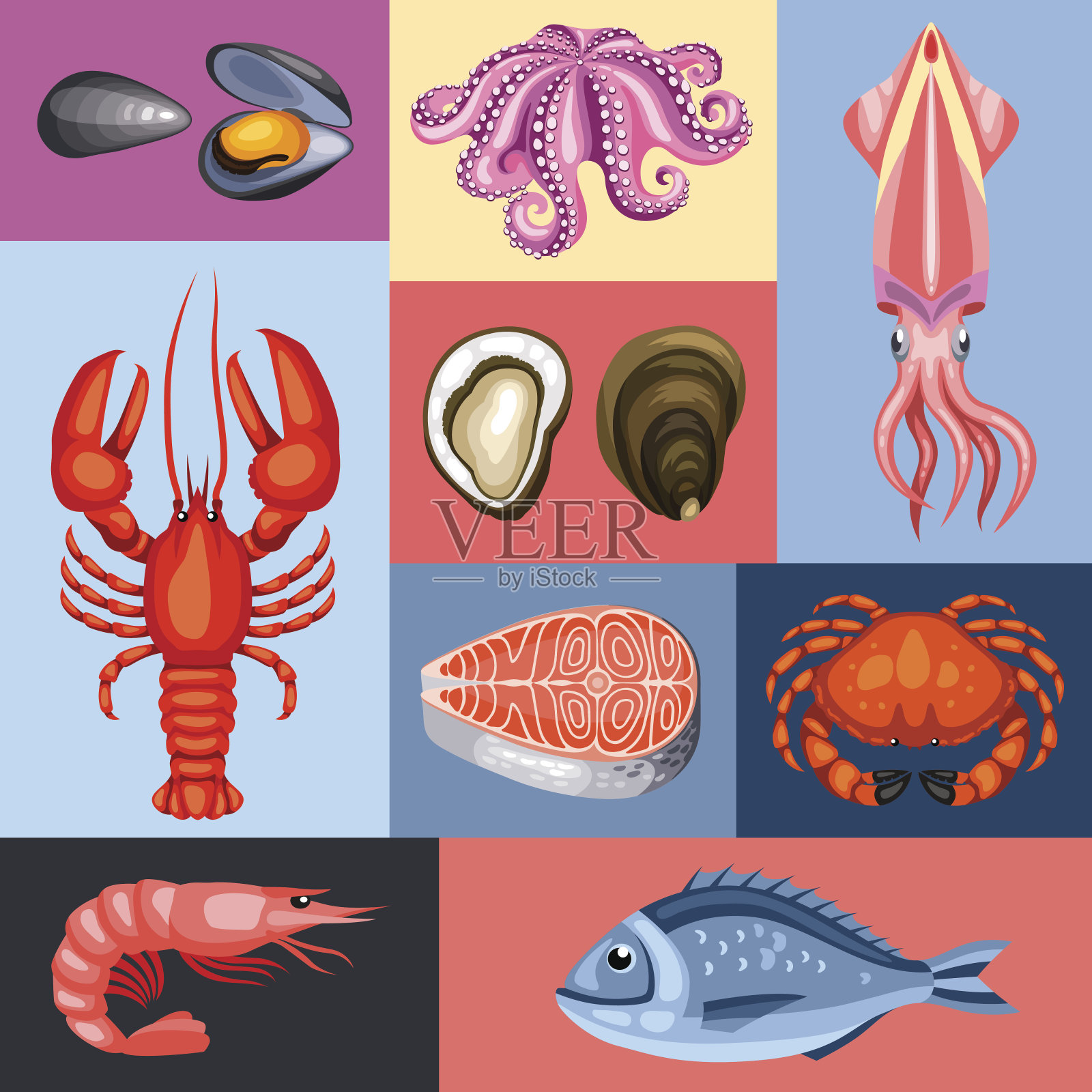 背景有各种海鲜。鱼，贝类和甲壳类的插图插画图片素材