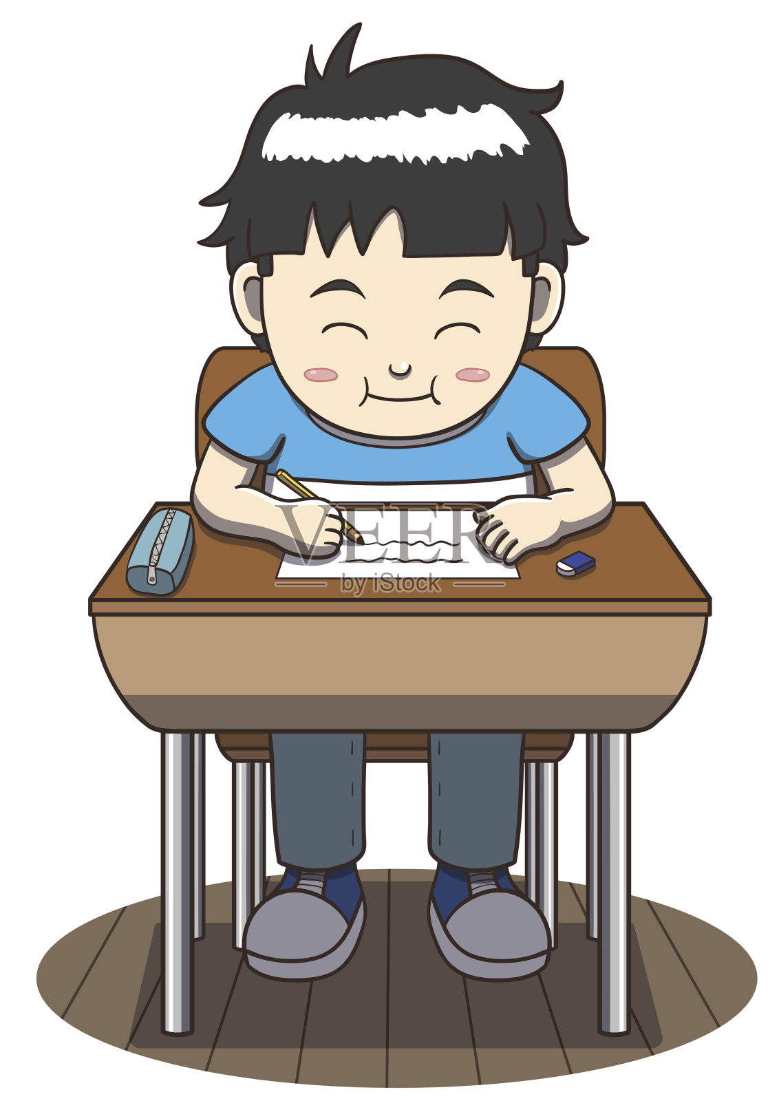 坐在课桌前的亚洲男孩插画图片素材
