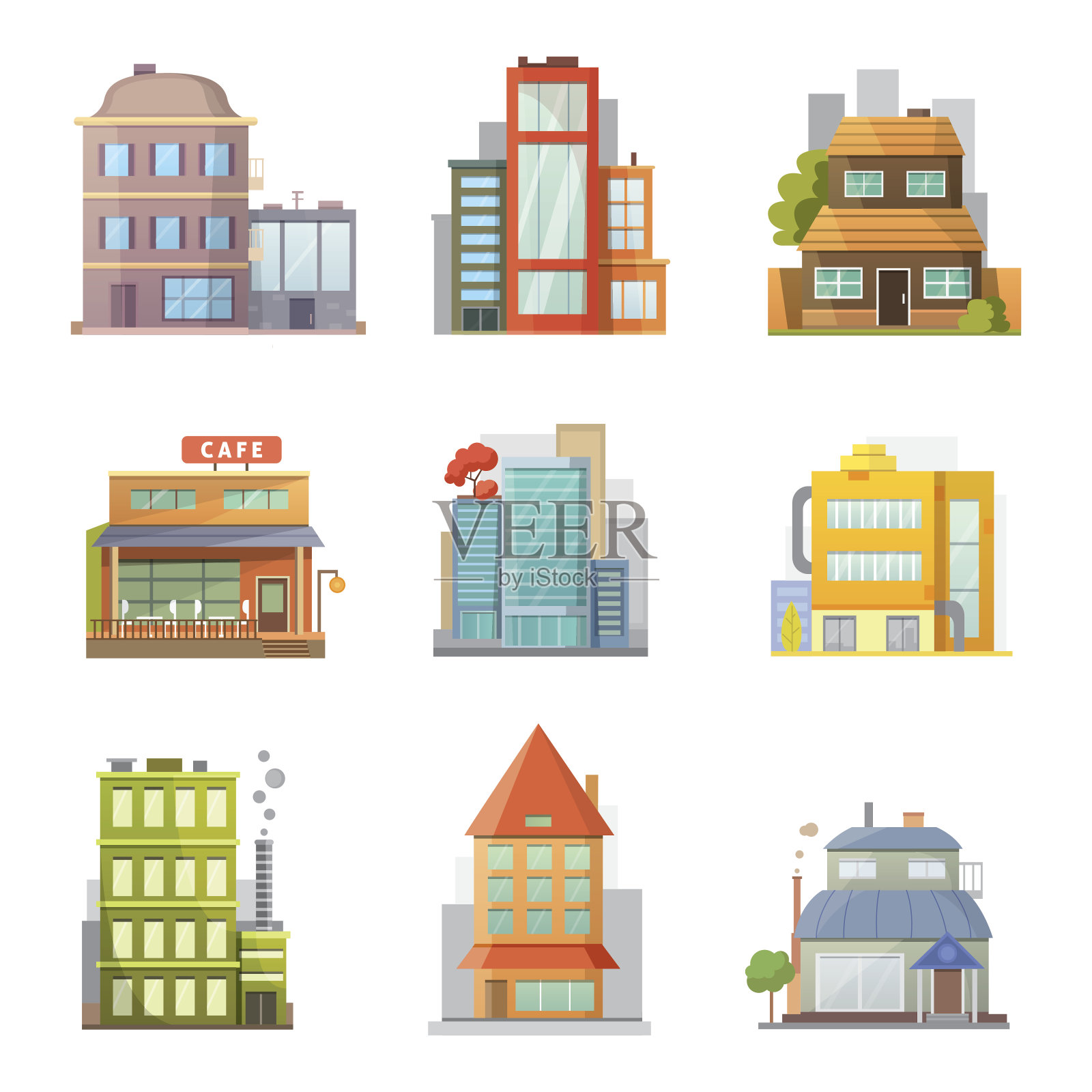 复古和现代城市住宅的平面设计。老建筑,摩天大楼。色彩缤纷的村舍建筑、咖啡厅。插画图片素材