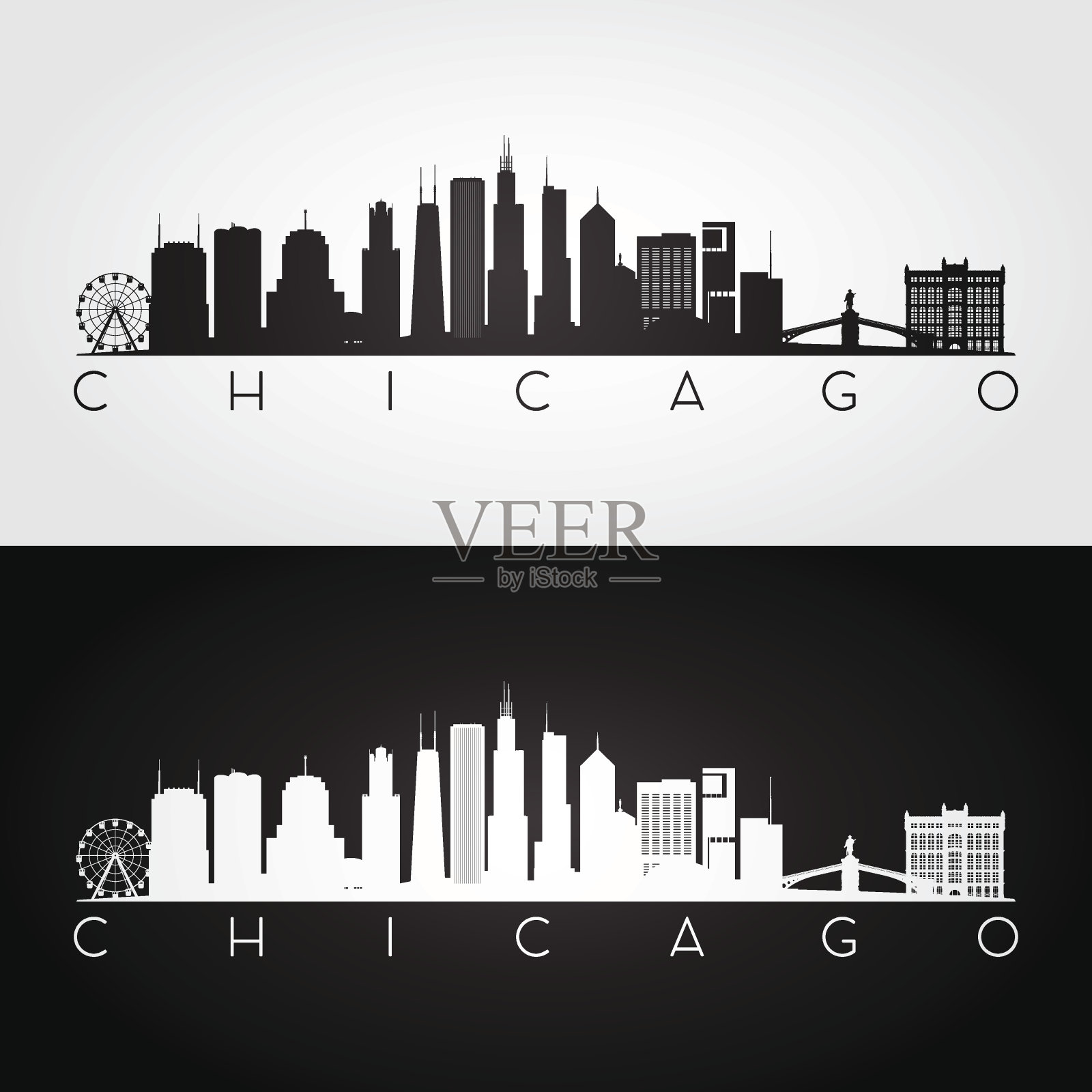 美国芝加哥的地平线和地标剪影插画图片素材