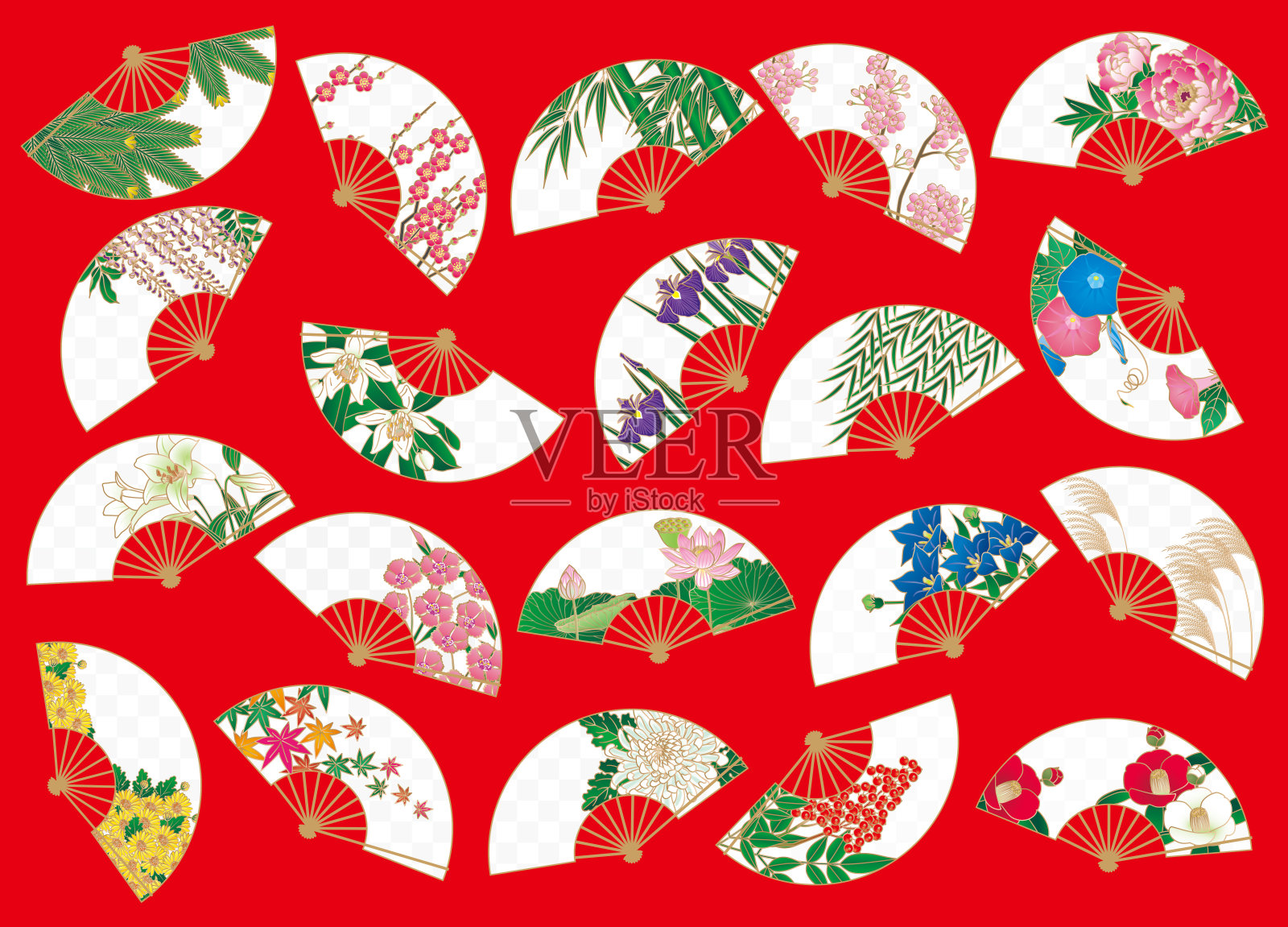扇子的设计有四季之花。日本的工艺品。设计元素图片
