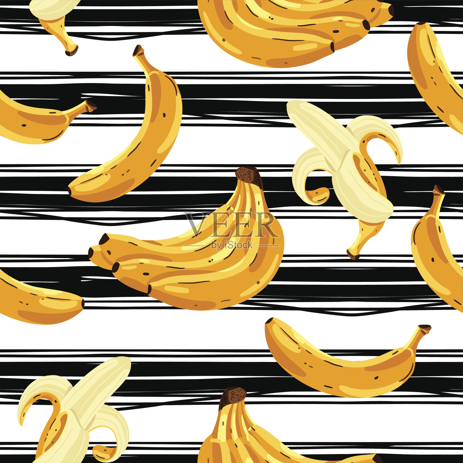 香蕉无缝图案与条纹背景插画图片素材