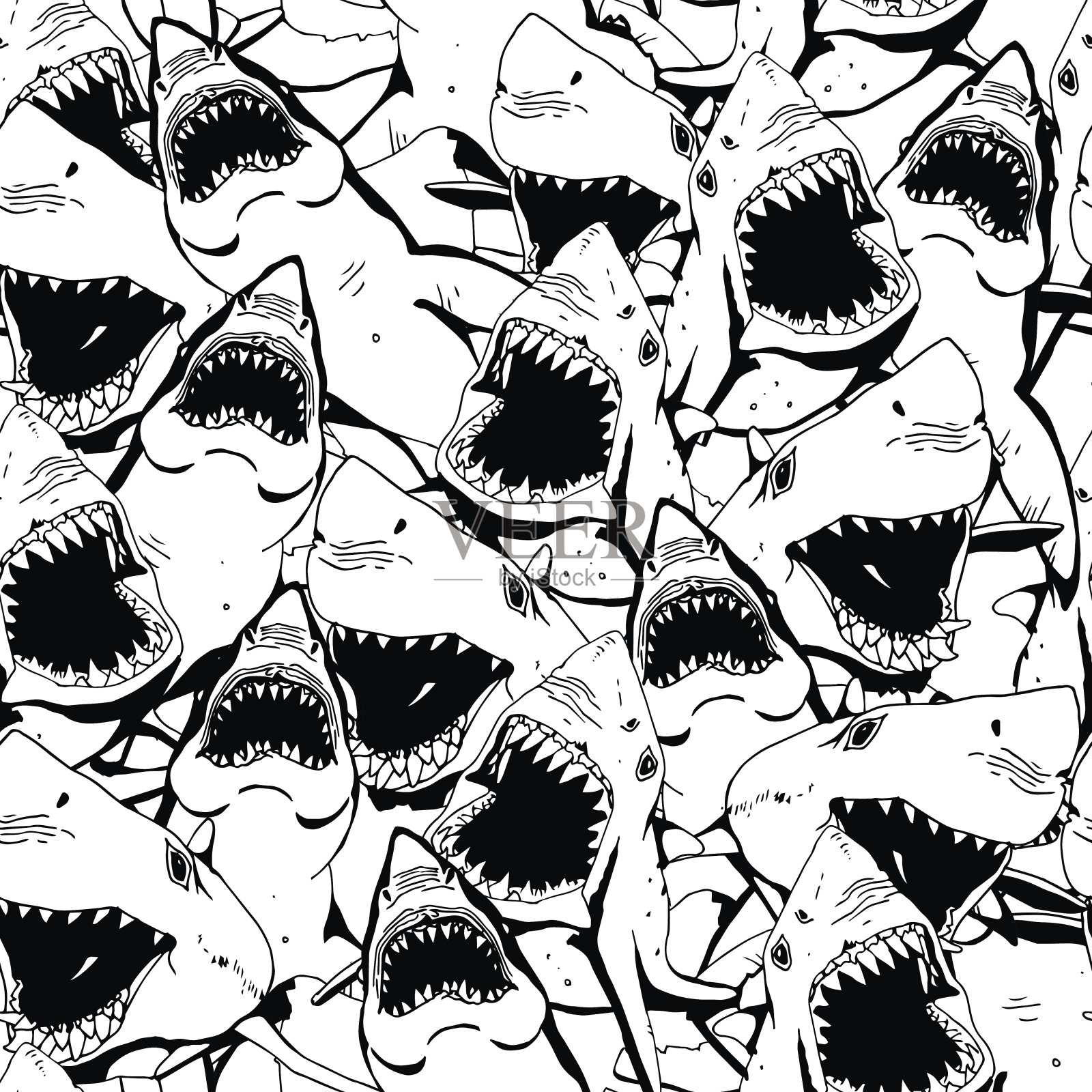 愤怒的鲨鱼拼贴。手绘海洋生活模式。黑白插图。插画图片素材