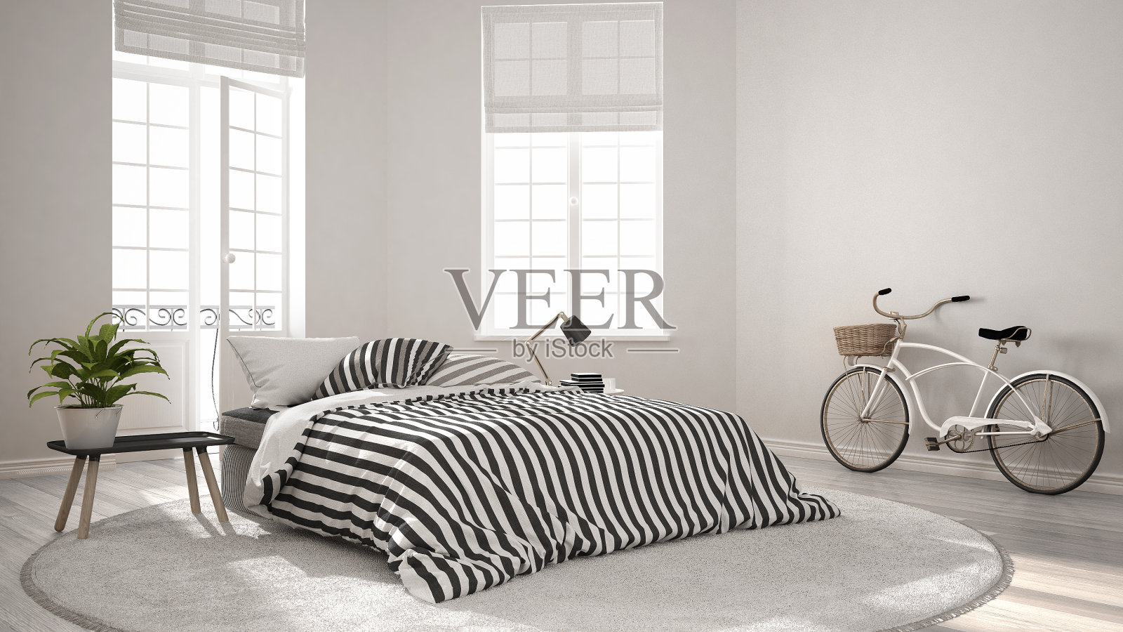 极简斯堪的纳维亚现代卧室，经典的北欧室内设计照片摄影图片