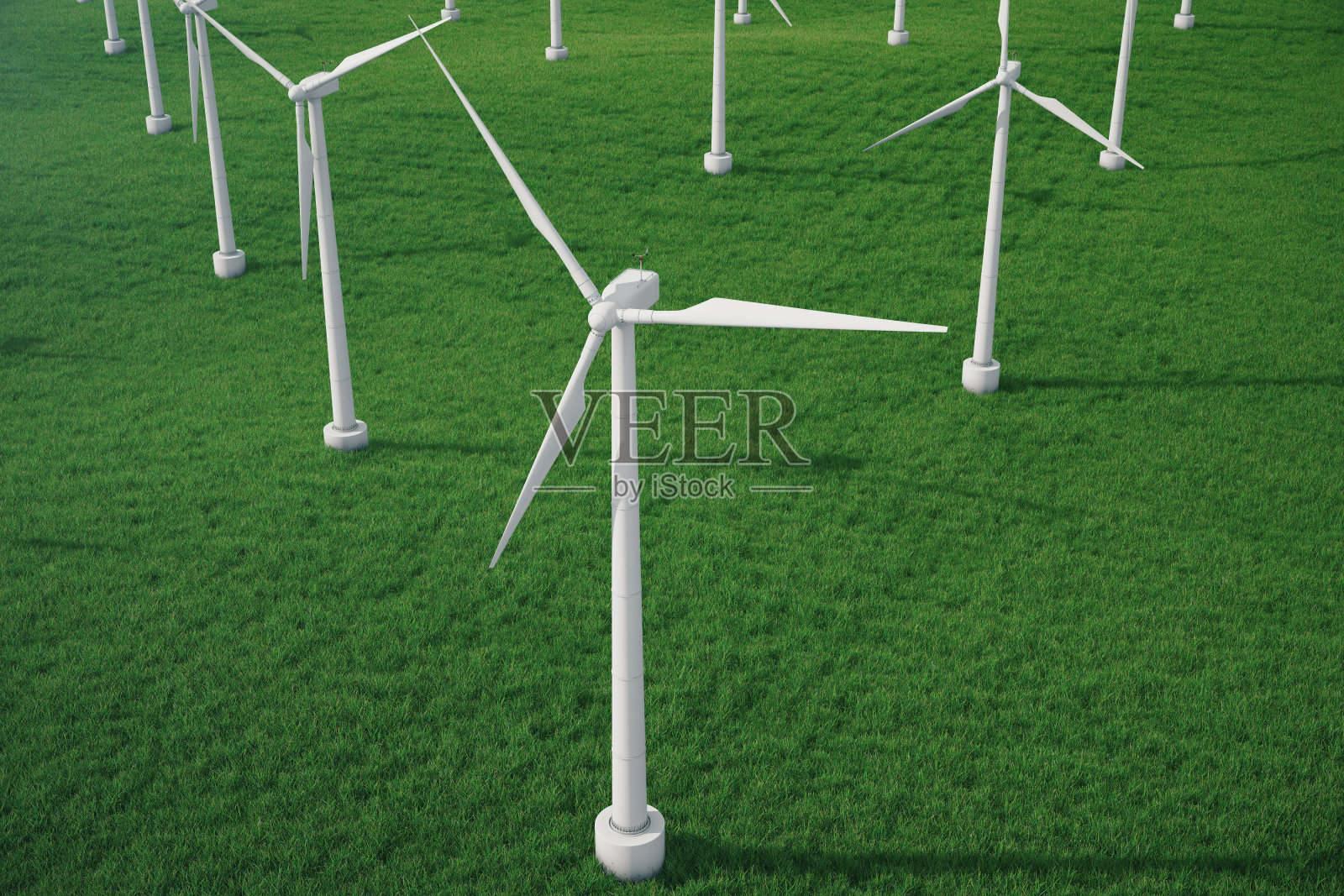 三维插图，涡轮机在田间，绿色，风力涡轮机，发电，生态动力。来自太阳的环保能源。未来的概念能源。设计元素图片