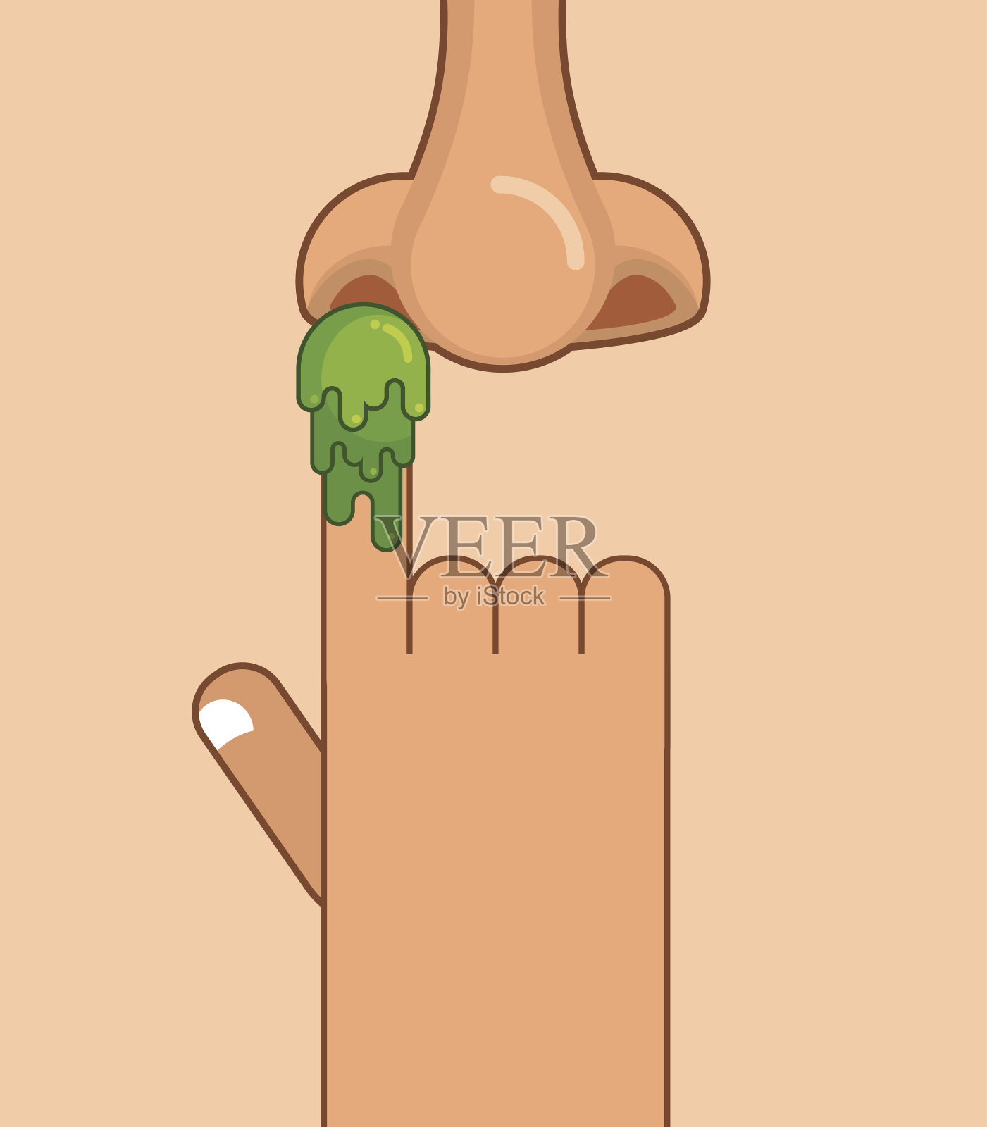 鼻屎的手指。挖出你的鼻涕。手,鼻涕。绿色的黏液肿块插画图片素材
