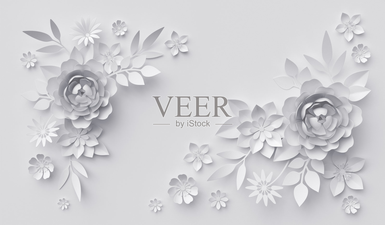 3d渲染，抽象的白纸花，横向花背景，装饰，贺卡模板插画图片素材