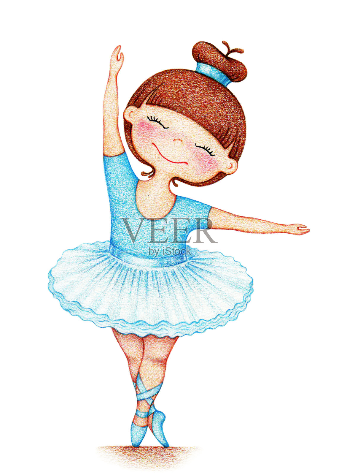 用彩色铅笔在白色的背景上画了一个穿着蓝色裙子的漂亮小女孩插画图片素材