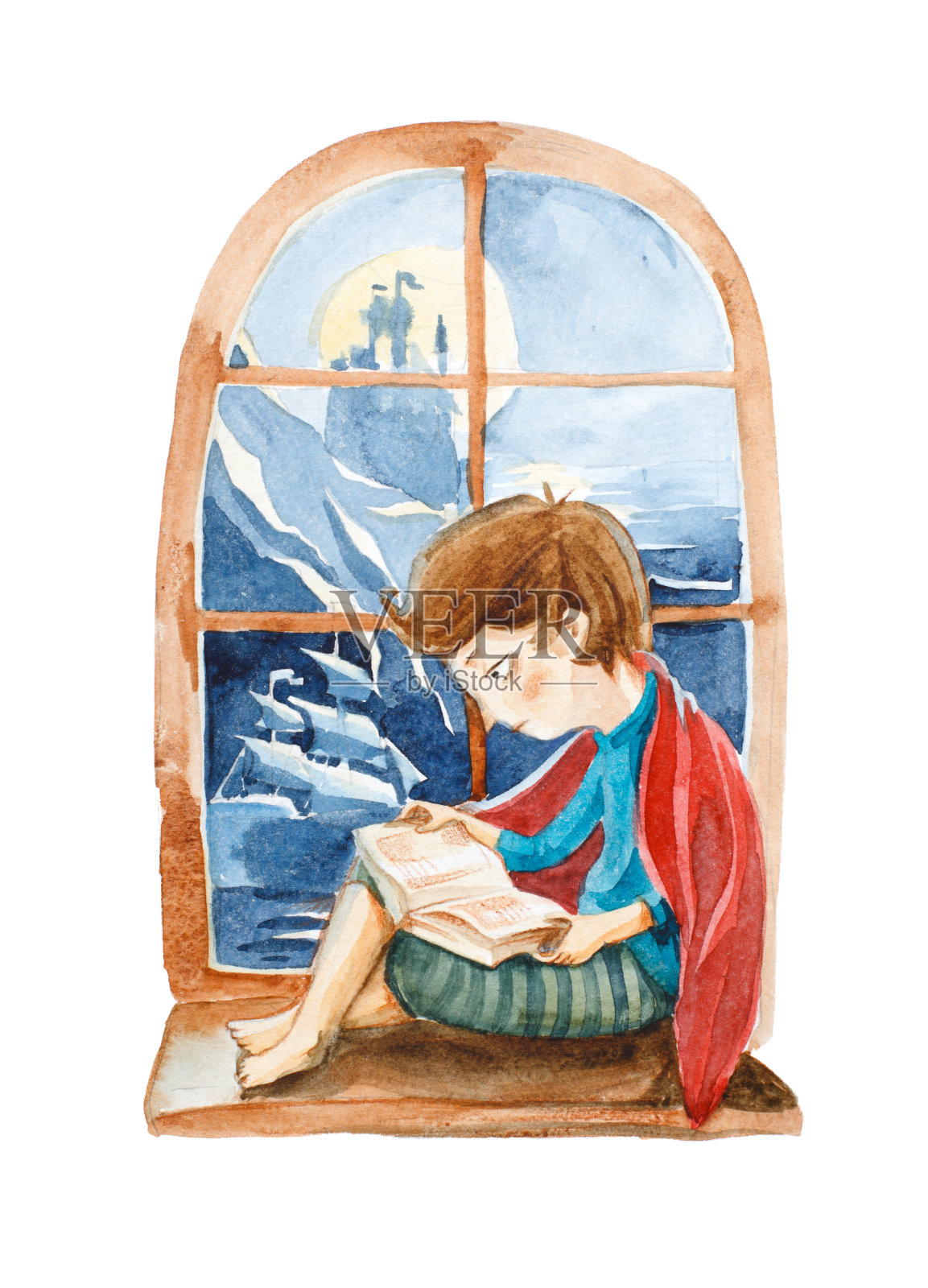 水彩插图孤立的白色背景。有书的男孩梦想着一艘大船，大海和城堡。那个男孩坐在窗户上读冒险书。插画图片素材