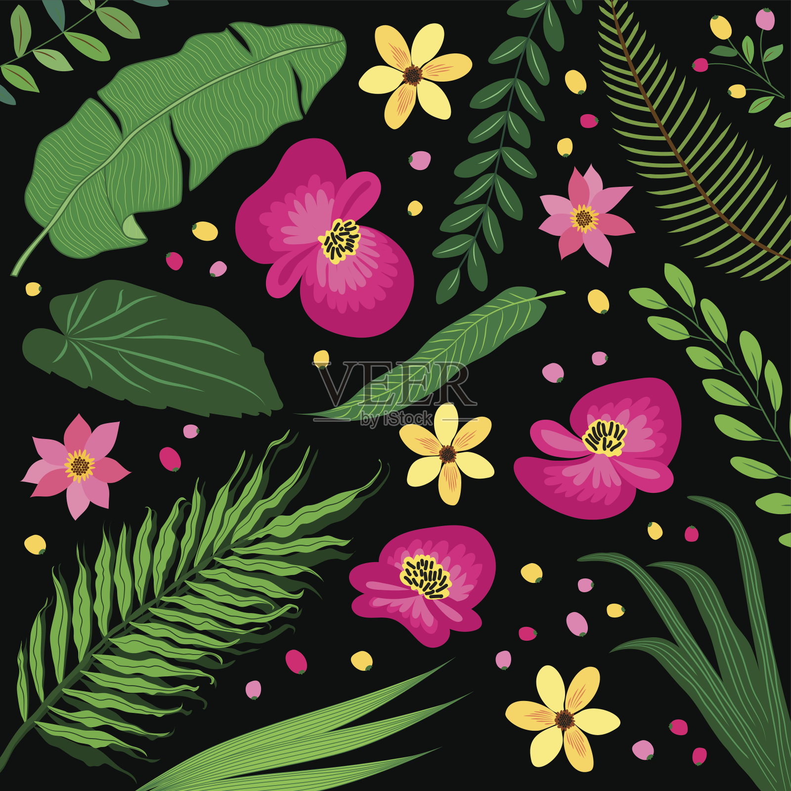 美丽的植物图案与热带花卉和树叶，如香蕉棕榈树的叶子插画图片素材