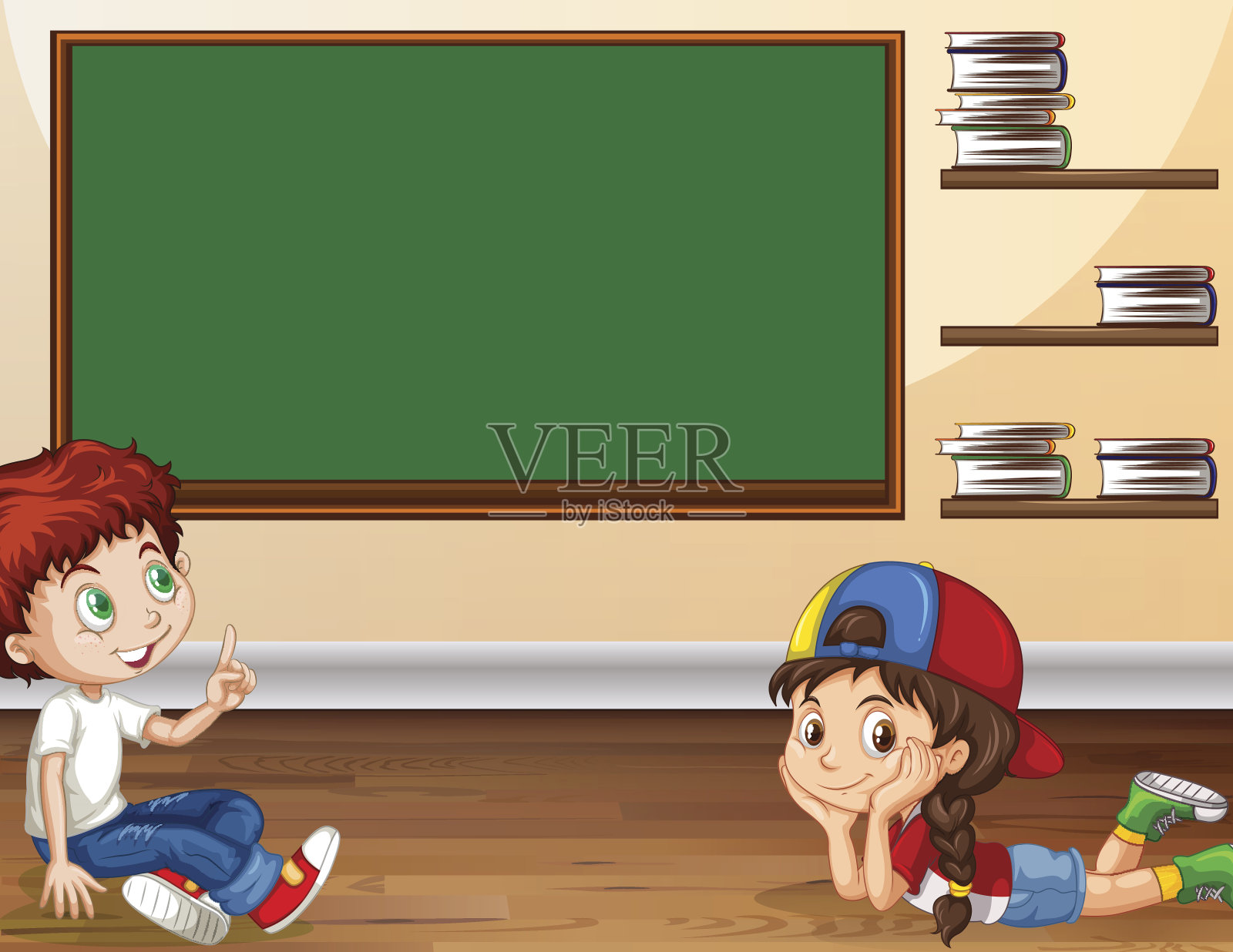 男孩和女孩在教室里学习插画图片素材