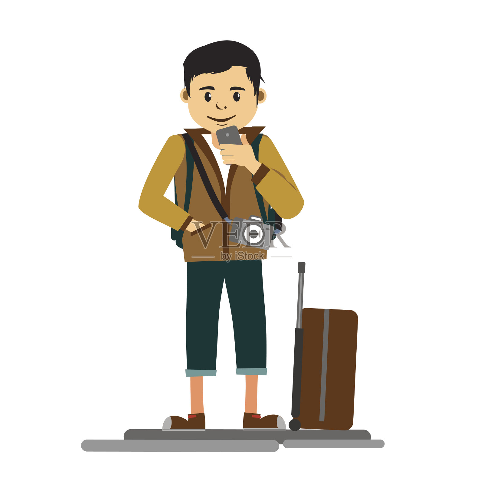 年轻男子旅行者或旅游插图上的白色背景插画图片素材