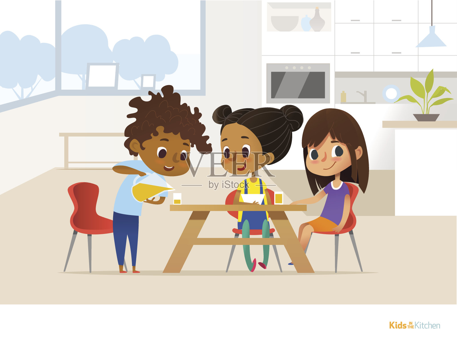 混血儿自己准备午餐，自己吃。两个女孩坐在桌子旁，一个男孩往杯子里倒橙汁。孩子在餐厅的概念。矢量插图的旗帜，网站。插画图片素材