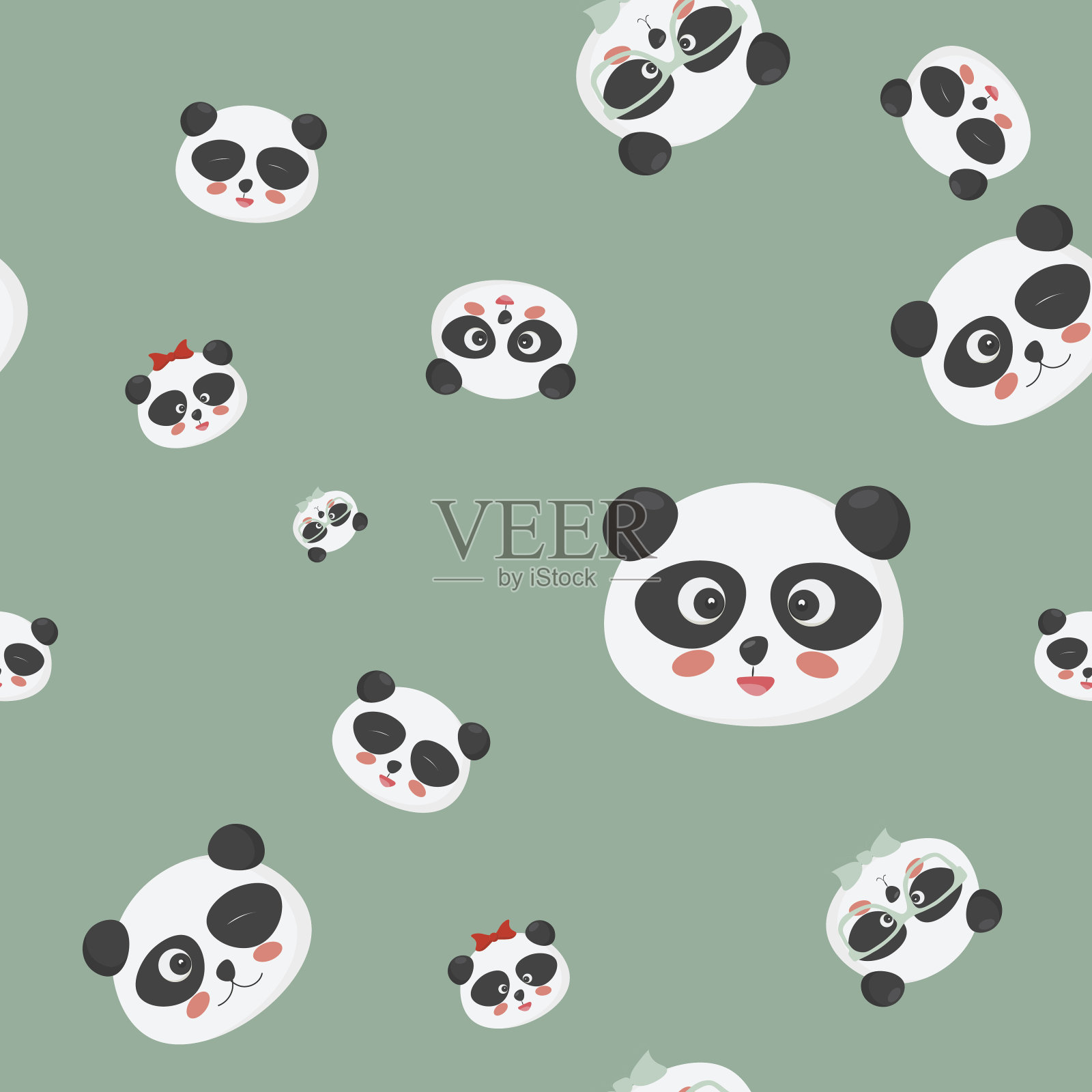 矢量无缝图案:熊猫的脸在绿色的背景上，熊猫的脸带有不同的情绪。插画图片素材