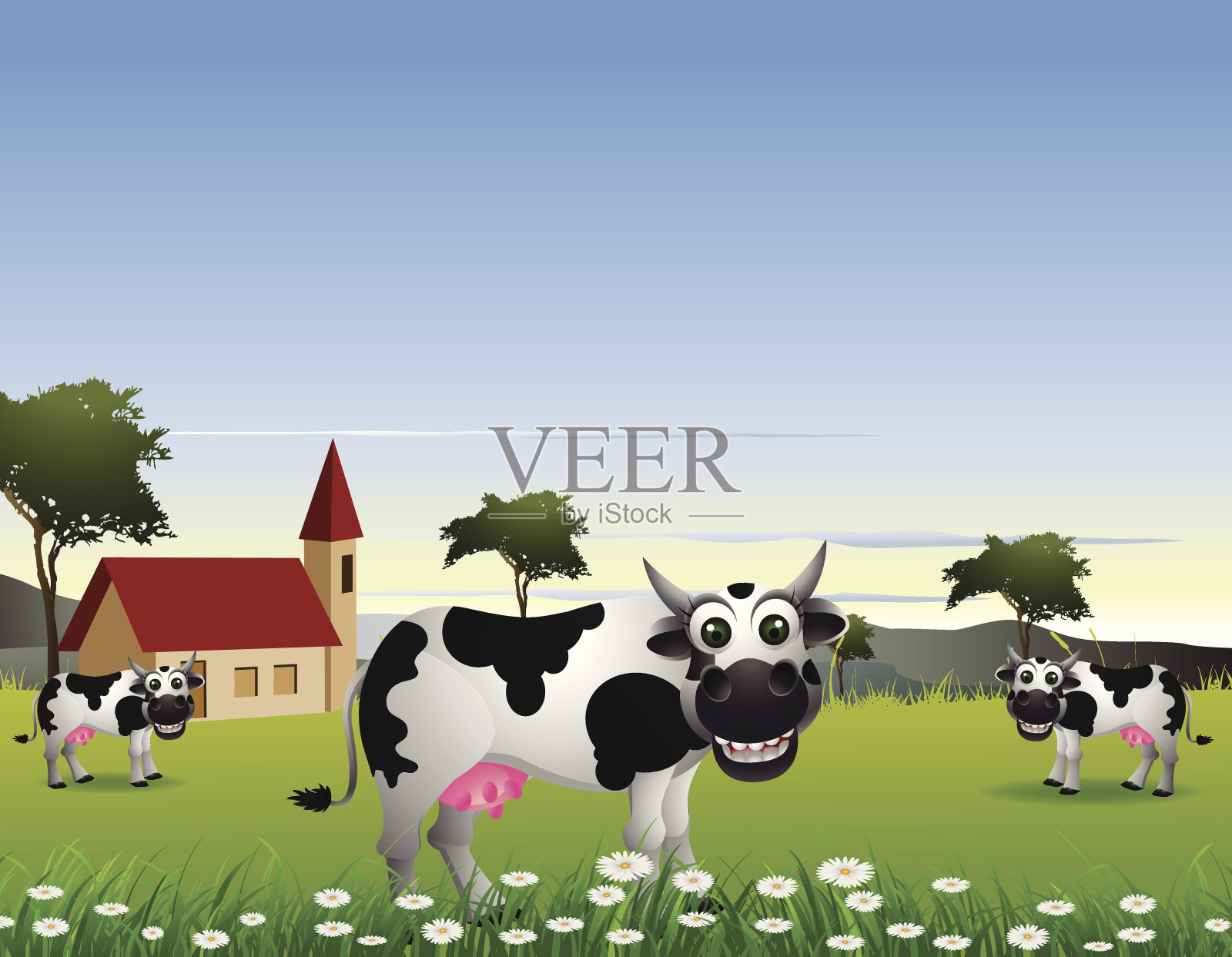 可爱的奶牛卡通与景观背景插画图片素材