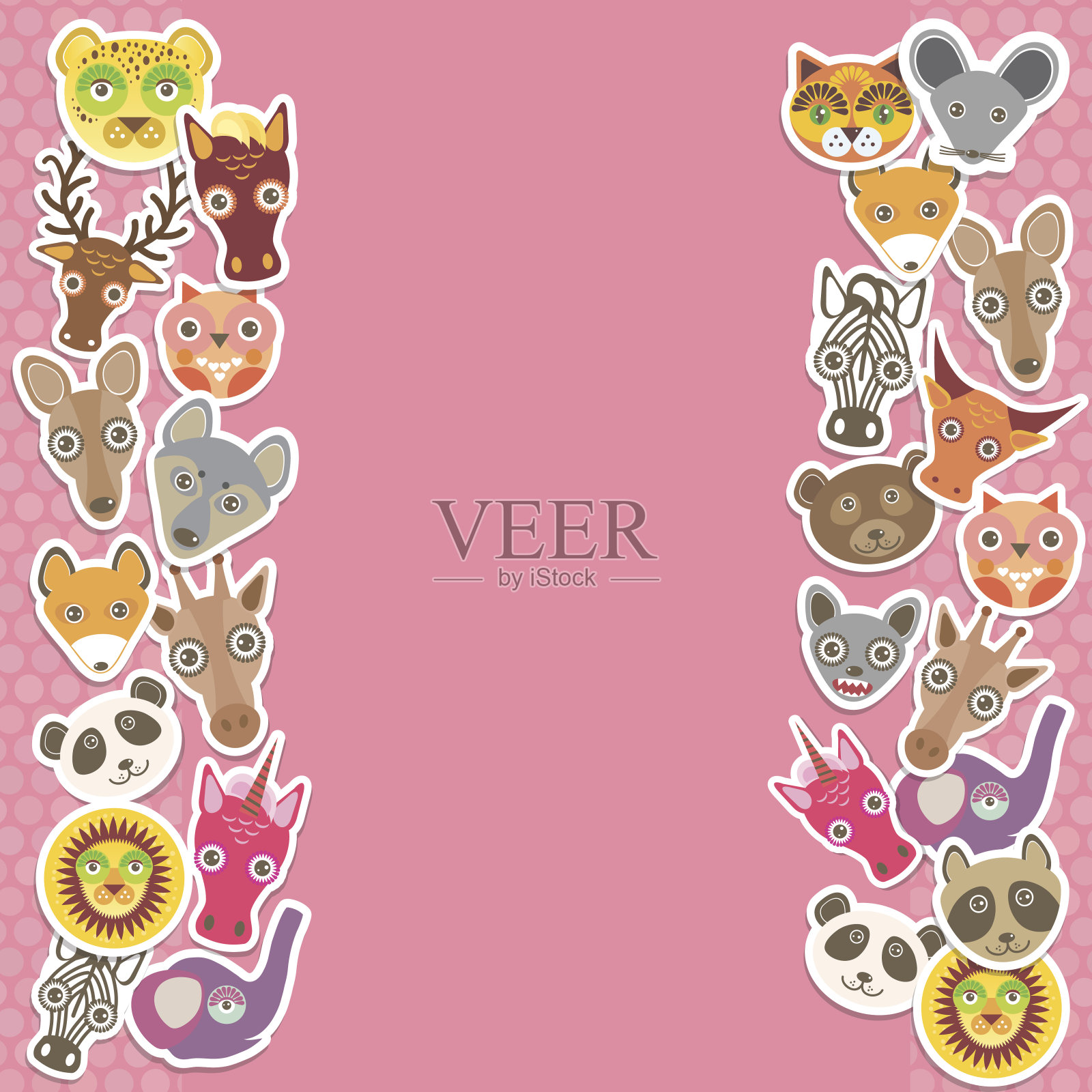 有趣的动物卡片模板。粉色背景，为您的设计模板。插画图片素材