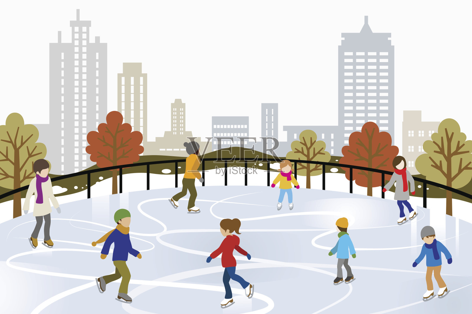 人们在城市溜冰场滑冰插画图片素材