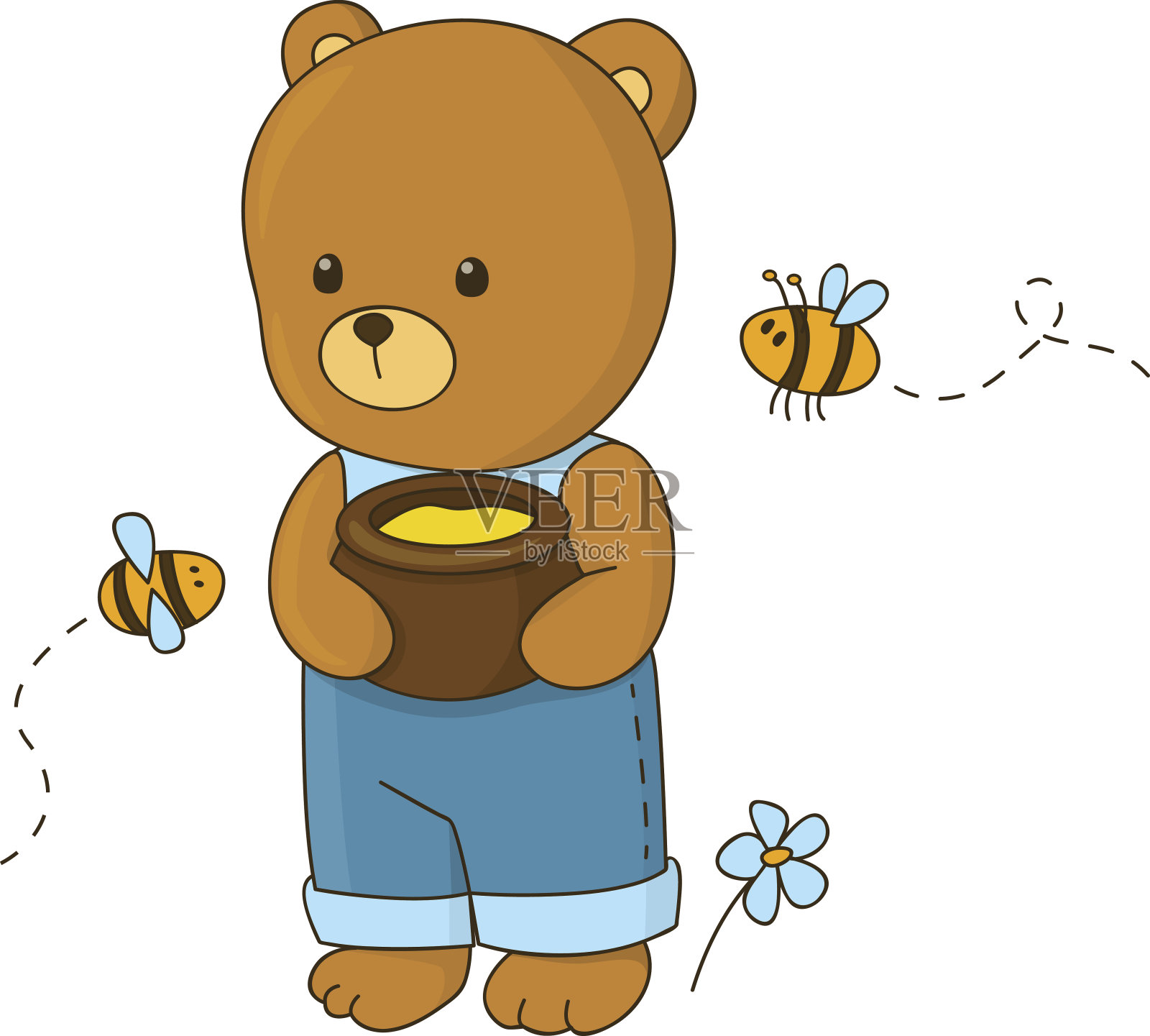 有蜜蜂和蜂蜜的可爱小熊插画图片素材