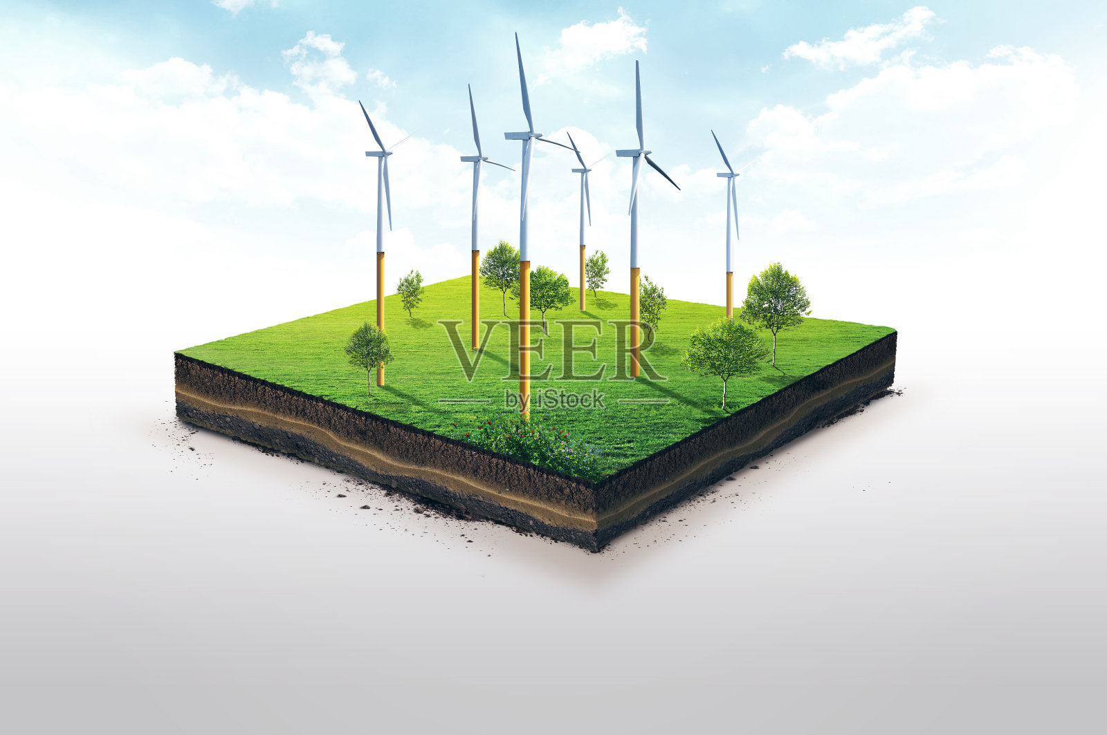 风力发电站。土壤切片的3d插图，绿色草地与树木孤立在白色的背景照片摄影图片