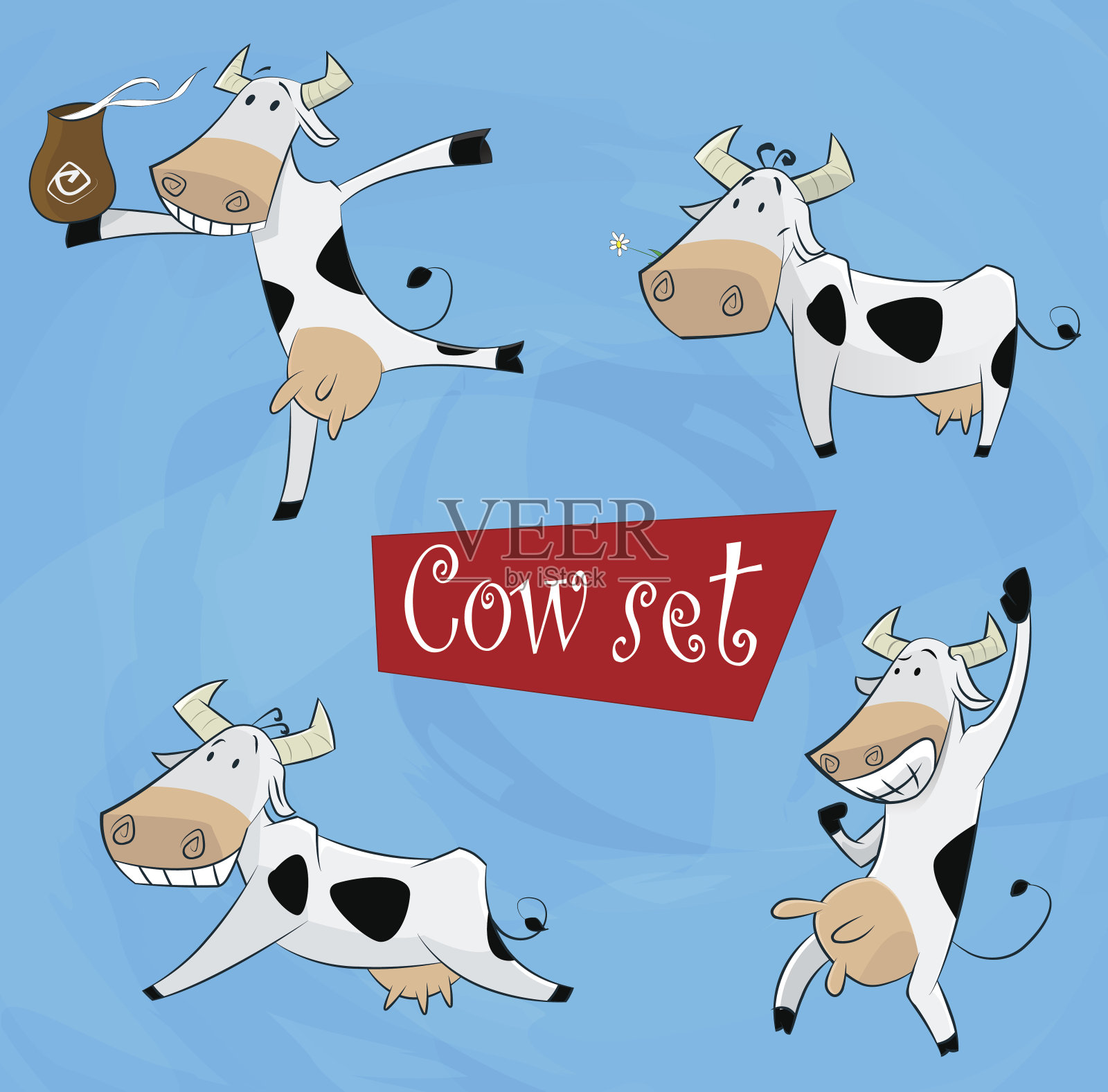 滑稽的卡通奶牛在各种姿势插画图片素材