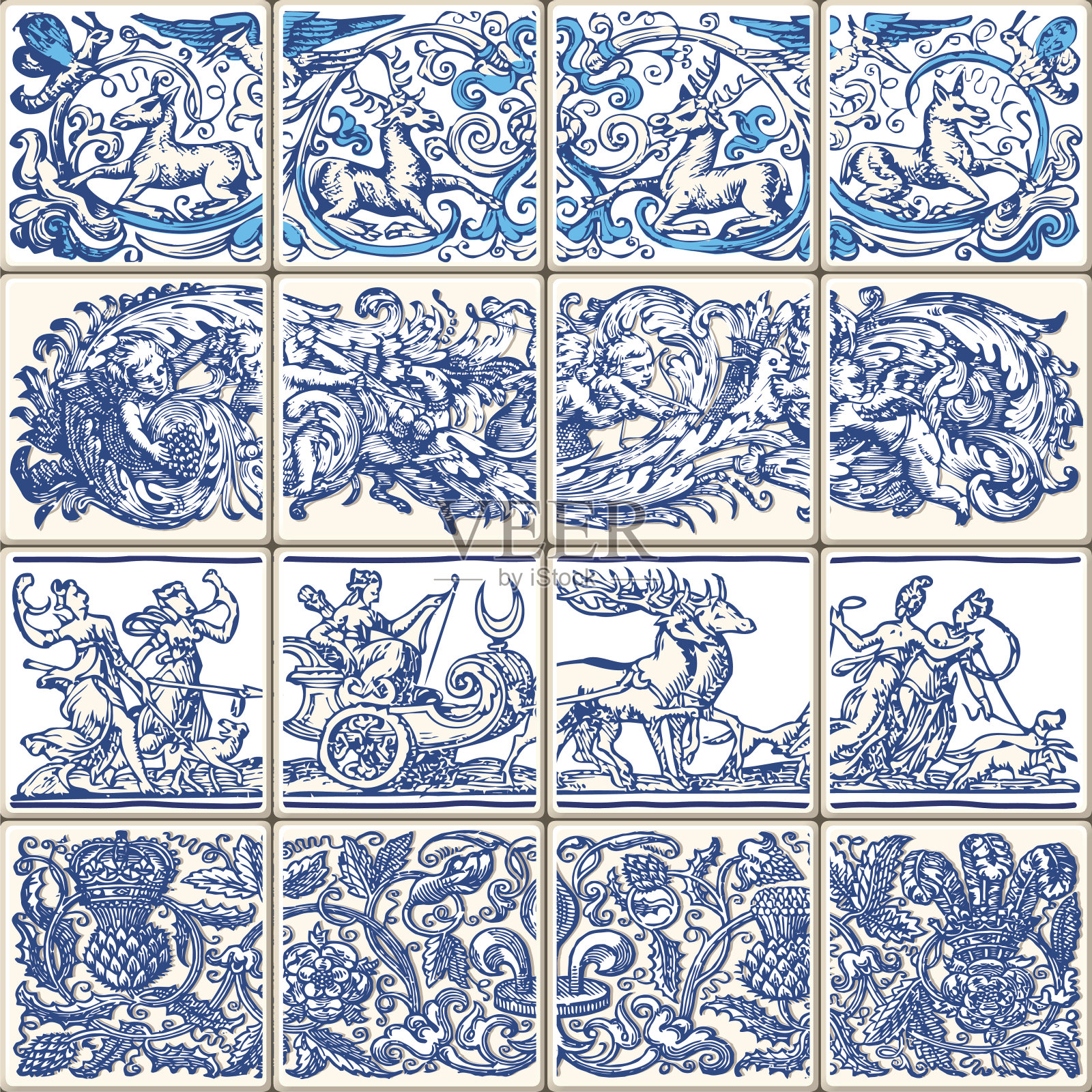 传统的靛蓝陶瓷古董花矢量插图插画图片素材
