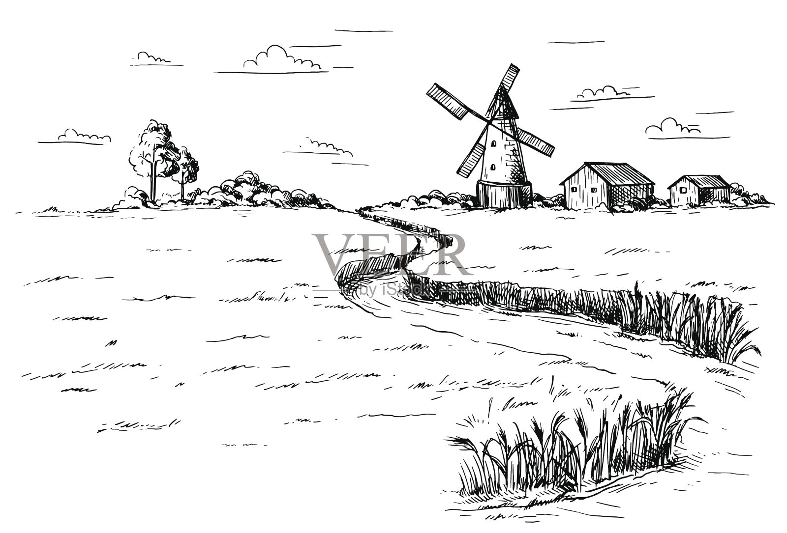 图形风格的乡村景观插画图片素材