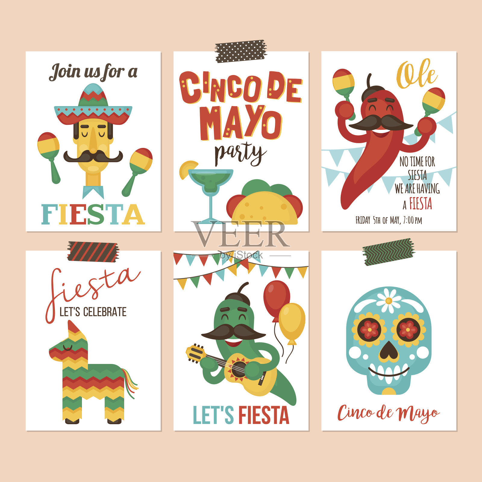 Cinco de Mayo墨西哥节日横幅，海报，派对邀请和贺卡设计集插画图片素材