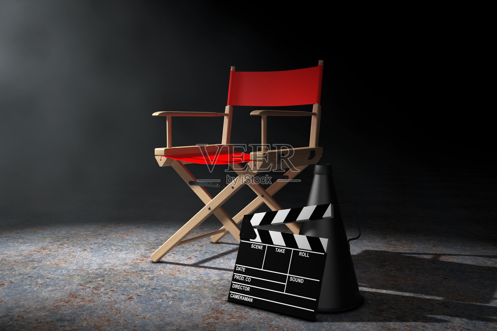 电影产业的概念。红色导演椅子，电影拍板和扩音器在体积光。三维渲染照片摄影图片