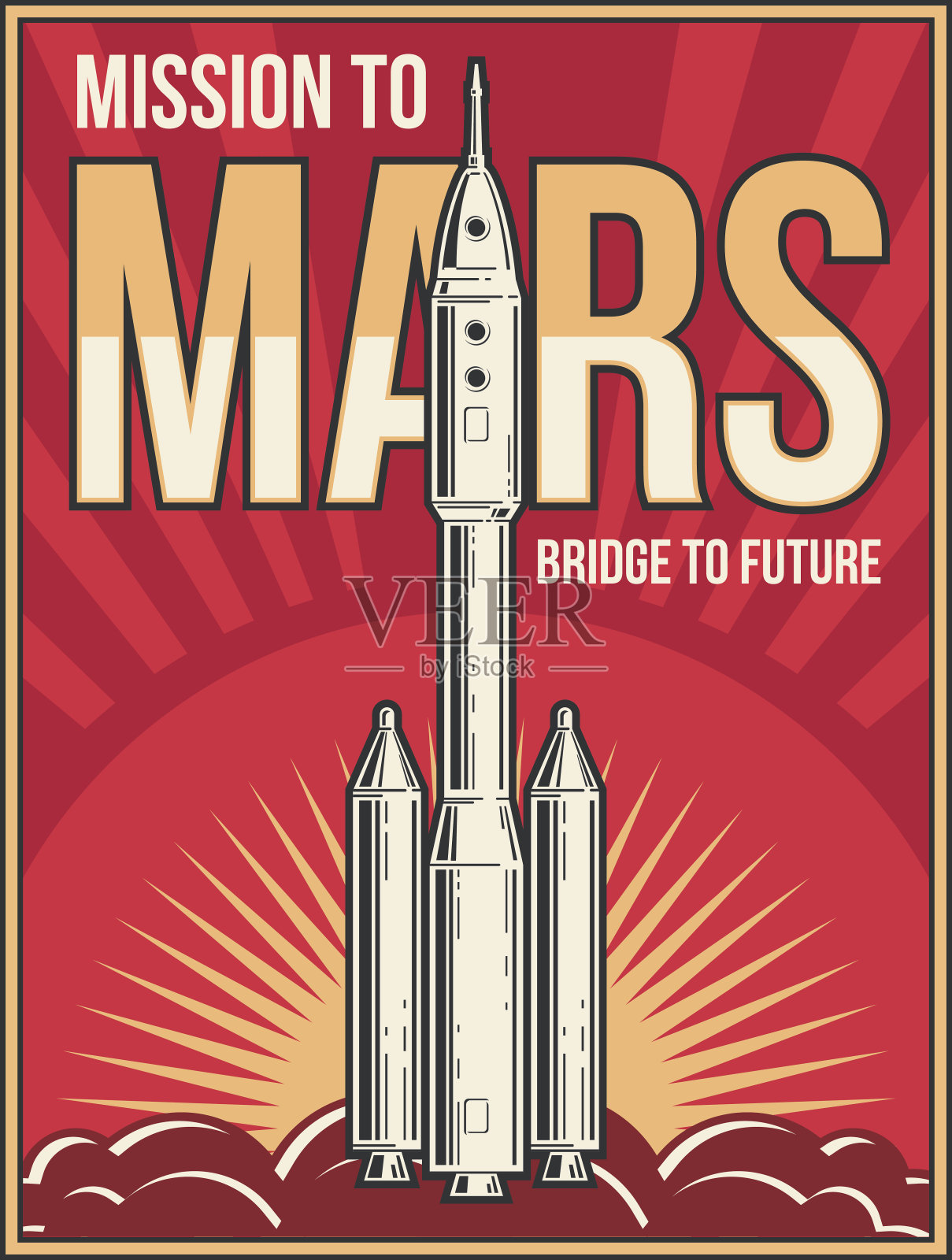 外太空旅行到火星的背景。宇宙冒险项目矢量复古海报设计模板素材