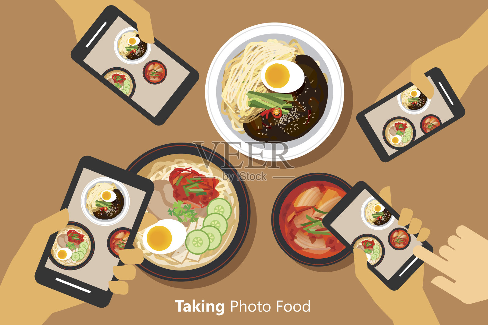 人们用智能手机给韩国食物拍照插画图片素材