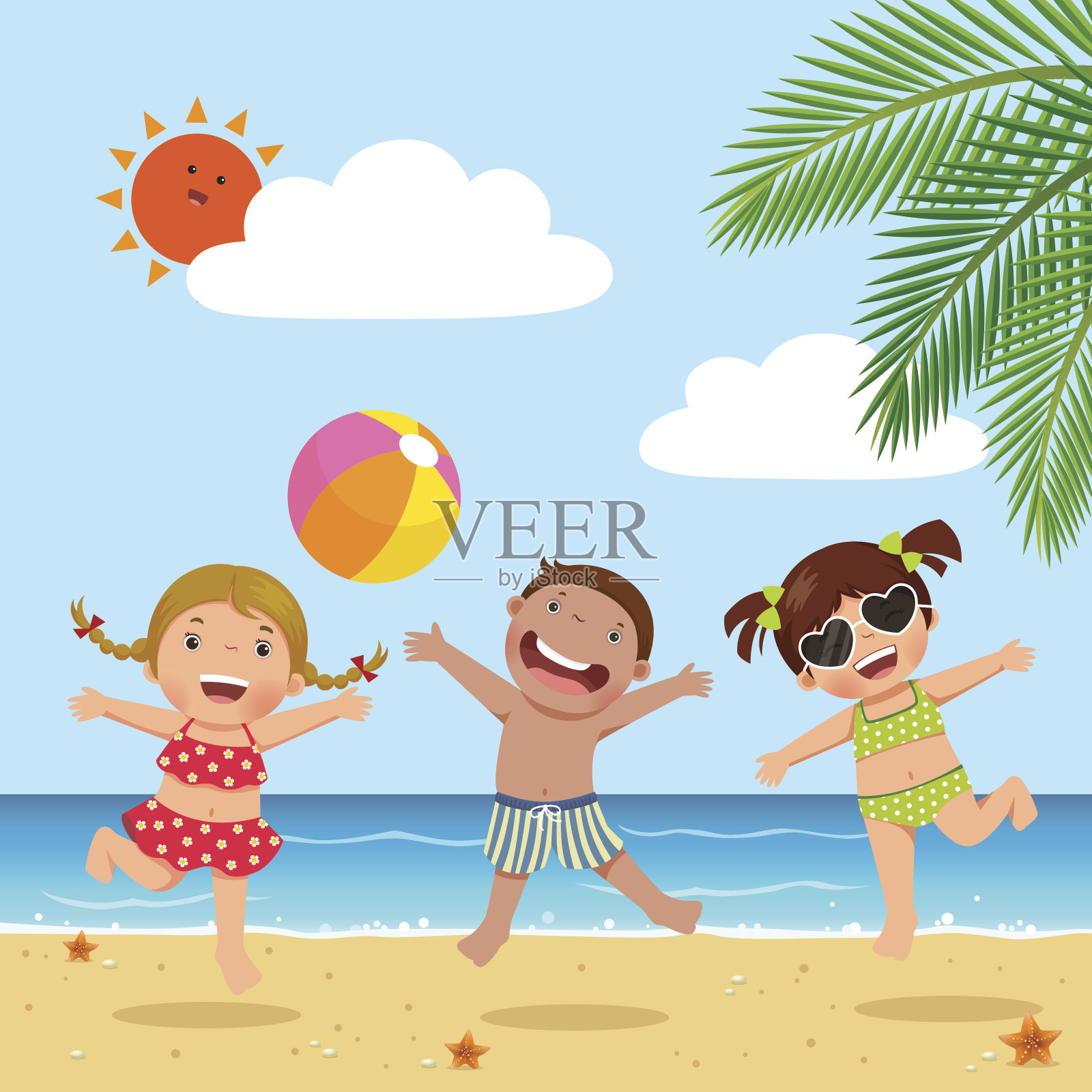 快乐的孩子们在海滩上跳跃插画图片素材