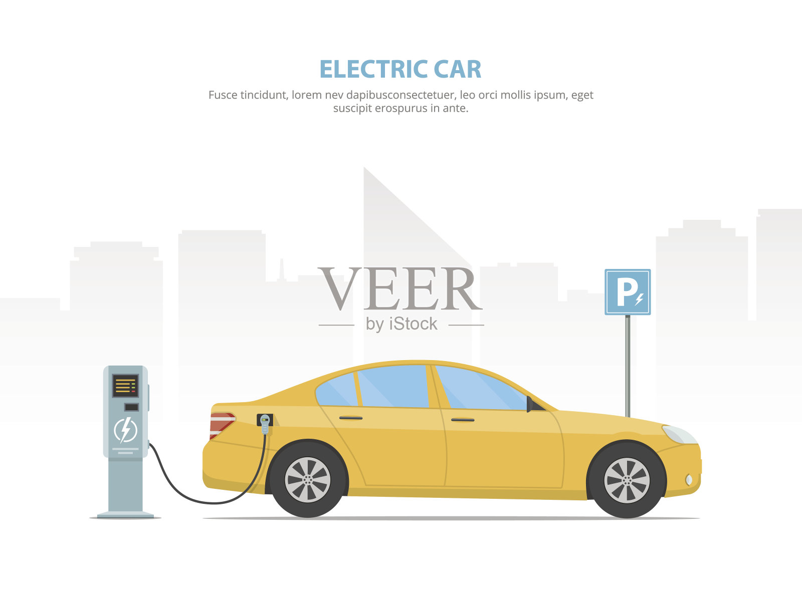 电动汽车正在停车场的充电站充电。插画图片素材